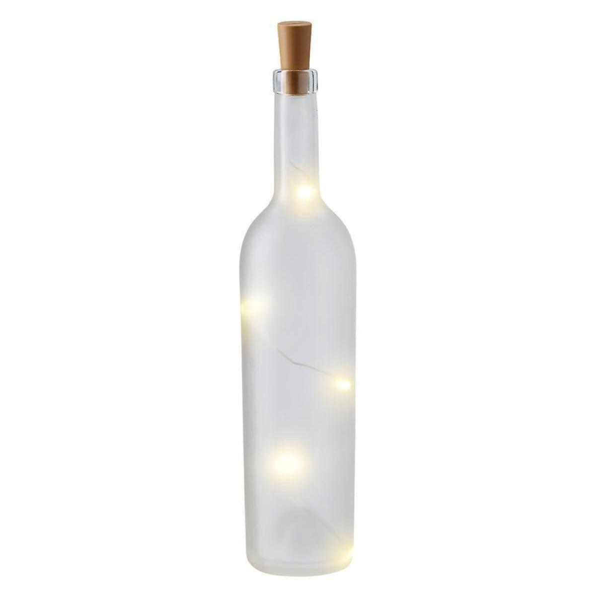 A frosted glass bottle with a cork, filled with small lights. The lights are glowing inside the bottle, against a white background.