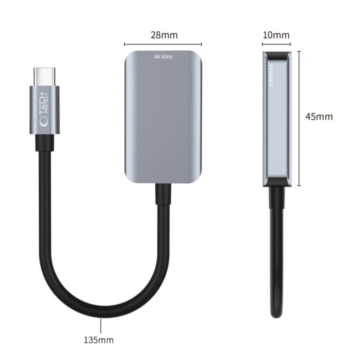 Adaptateur argenté avec câble noir, dimensions : 28mm, 10mm, 45mm et 135mm. Texte sur l'adaptateur : 4K 60Hz et CE RoHS.
