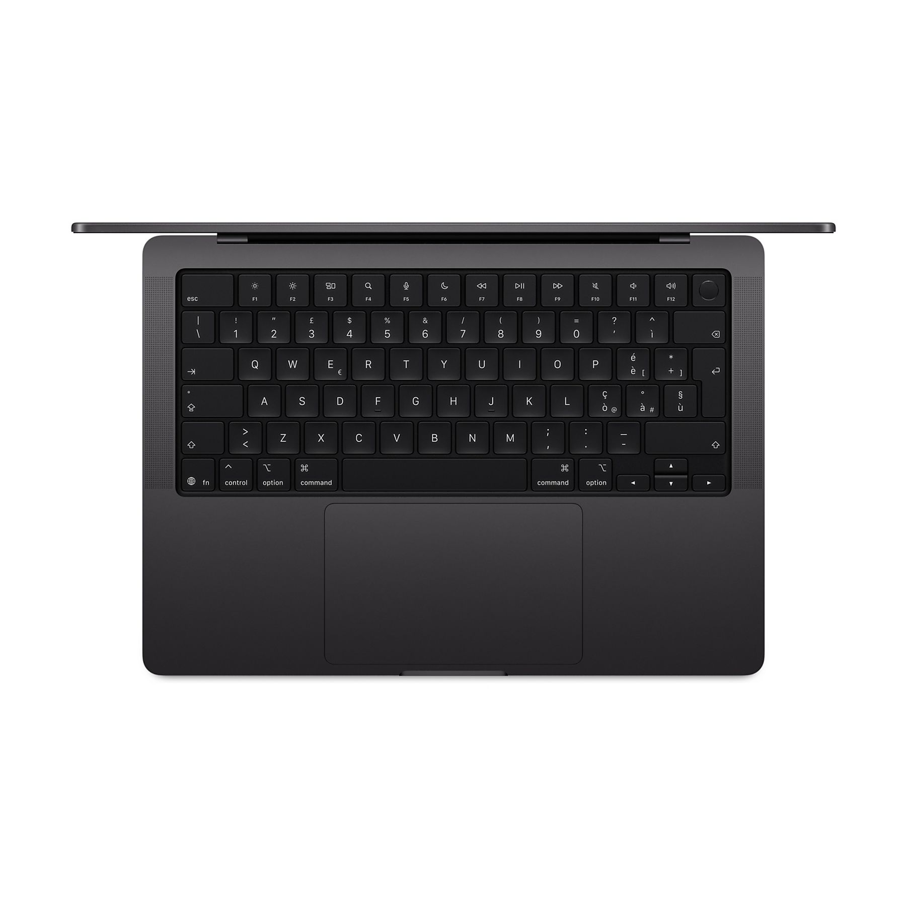 Vista dall'alto di una tastiera di un laptop nero, con tasti e un trackpad. Il laptop è aperto.