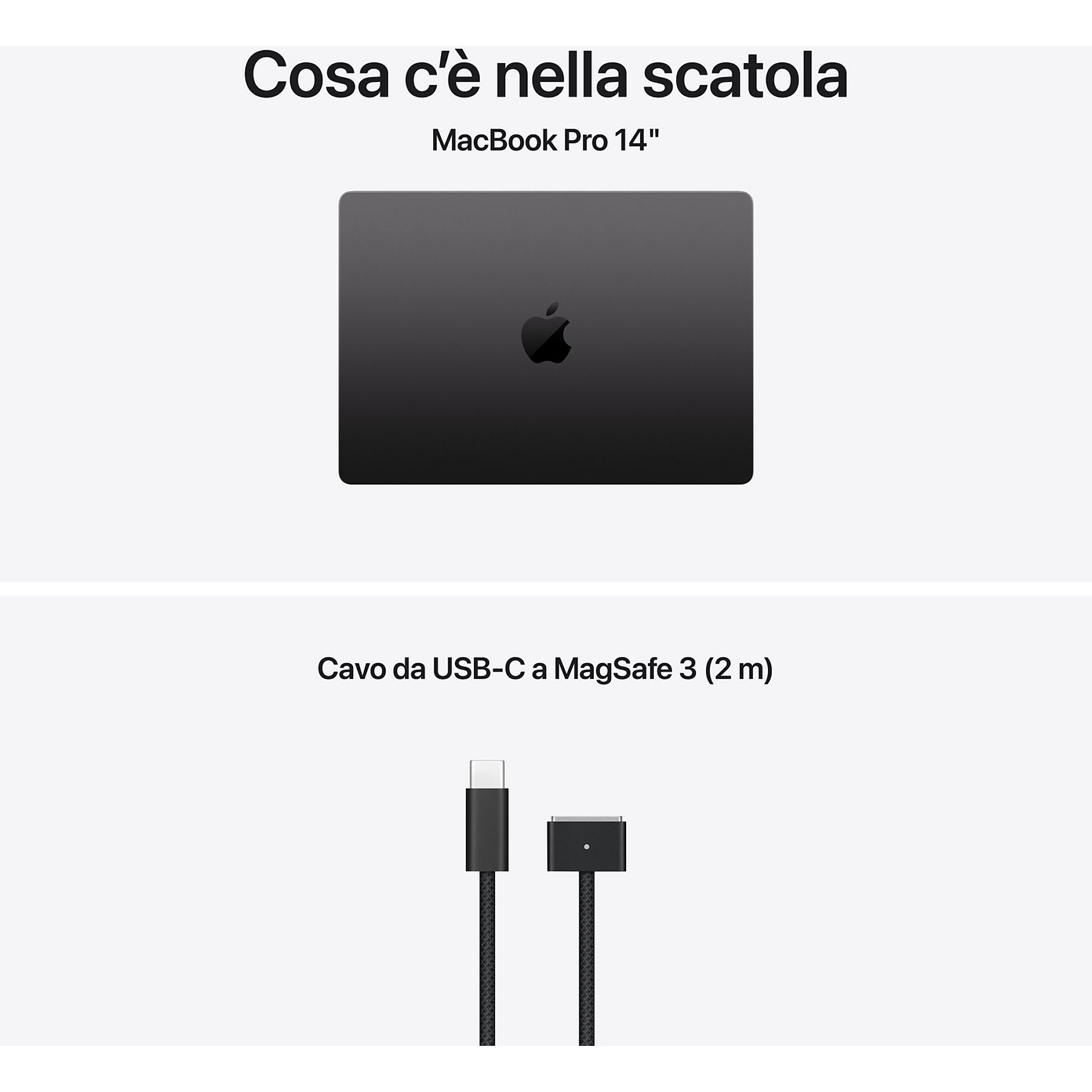 L'immagine mostra un MacBook Pro 14" e un cavo da USB-C a MagSafe 3 (2m) su sfondo bianco.