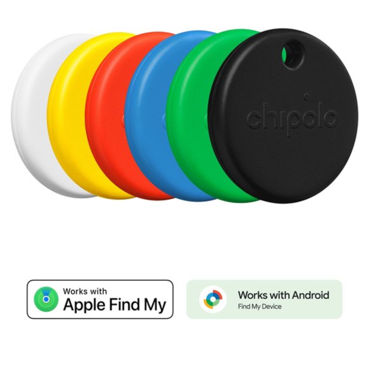 Six colored Chipolo trackers: white, yellow, red, blue, green, and black. Bottom: Apple Find My and Android Find My Device logos.