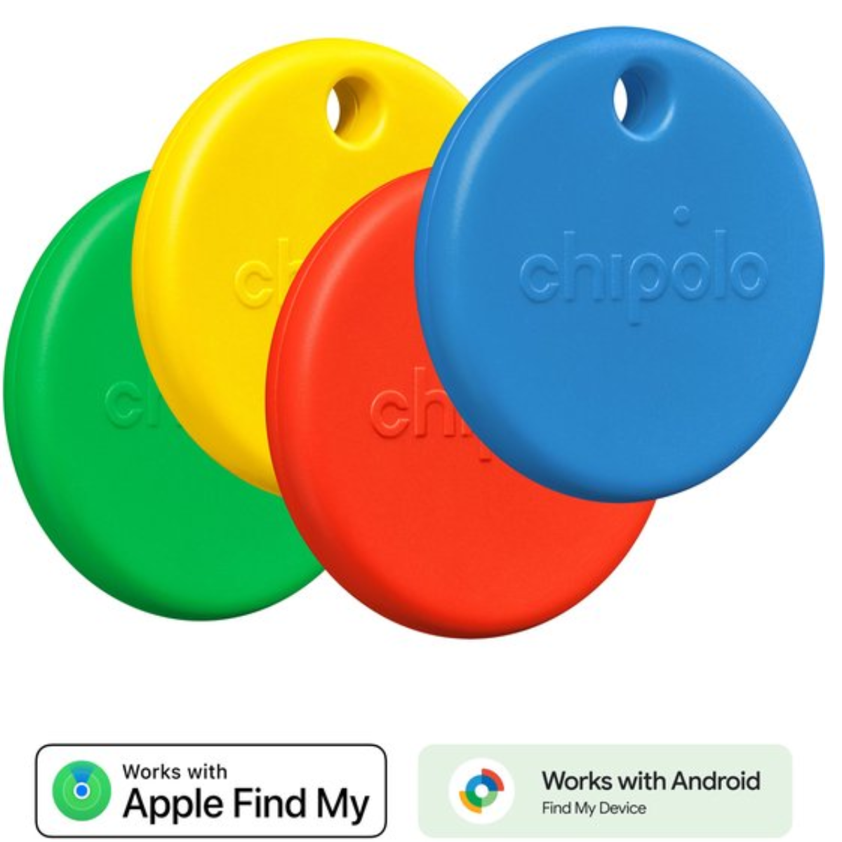 Vier kleurrijke Chipolo trackers: groen, geel, rood en blauw. Apple Find My en Android Find My Device logo's onderaan.