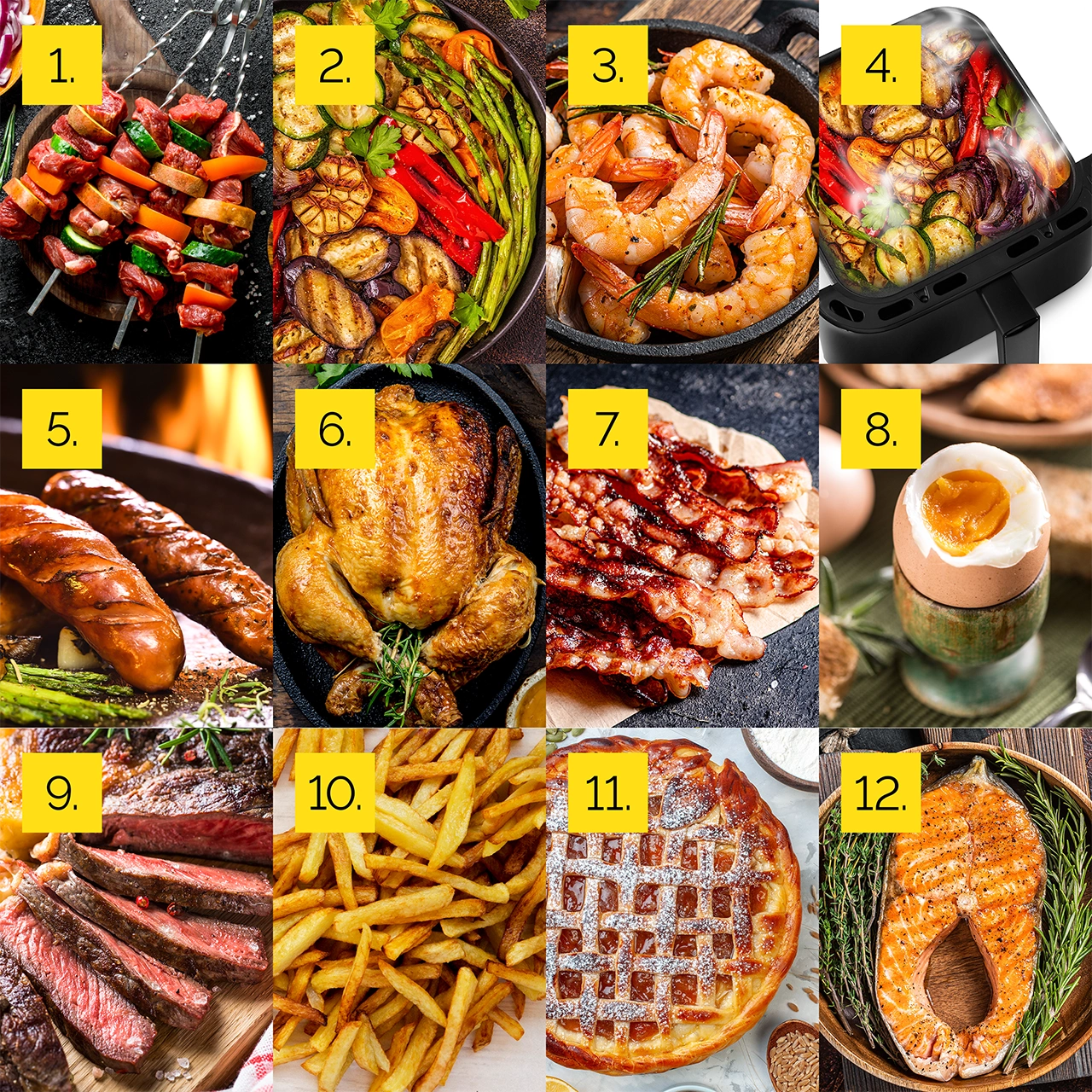 Obraz pokazuje 12 dań: szaszłyki, grillowane warzywa, krewetki, warzywa z frytkownicy, kiełbaski, pieczony kurczak, bekon, jajko, stek, frytki, gofry, łosoś.