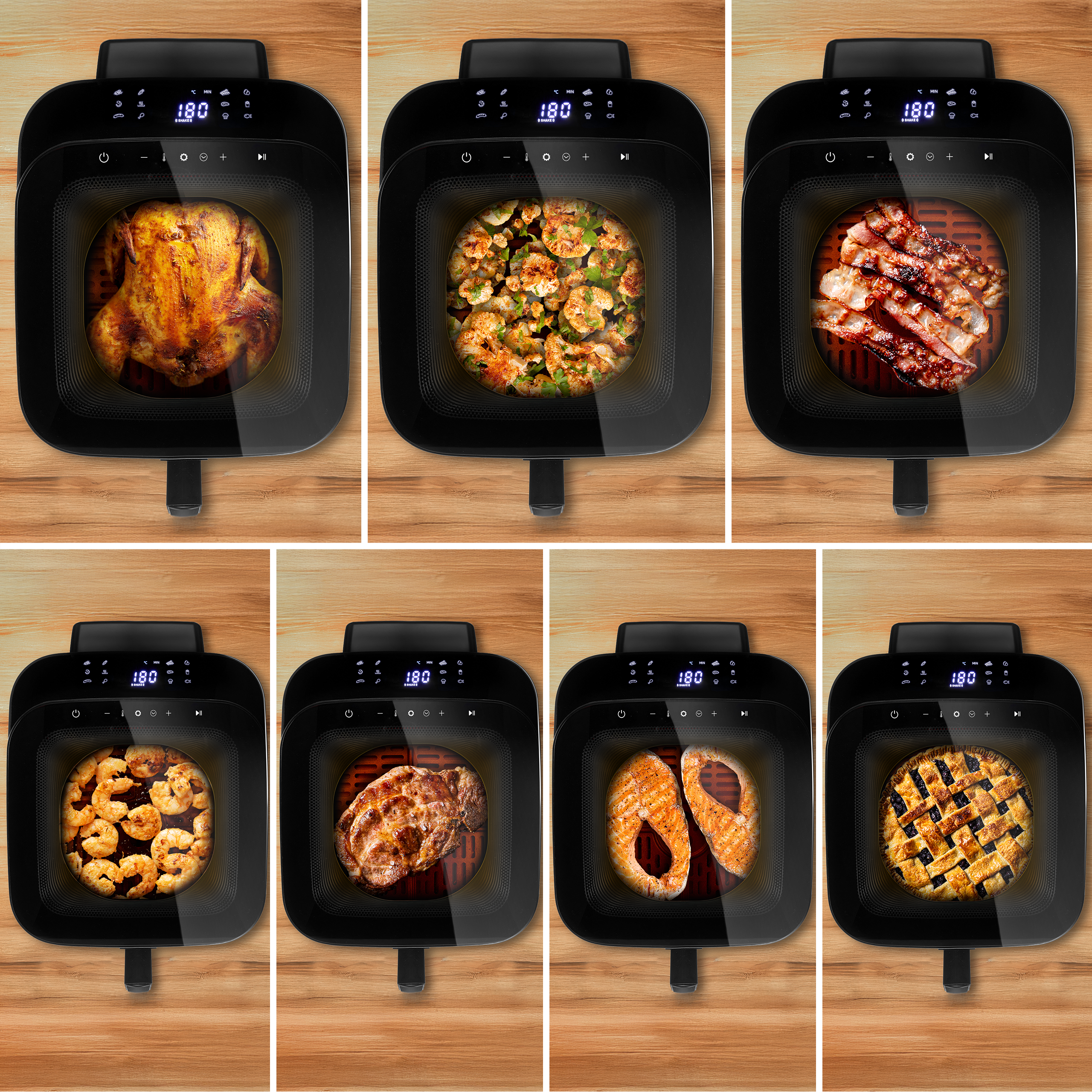 Frytownica powietrzna z pieczonym kurczakiem. Inne pokazują krewetki, bekon, stek, łososia i ciasto.