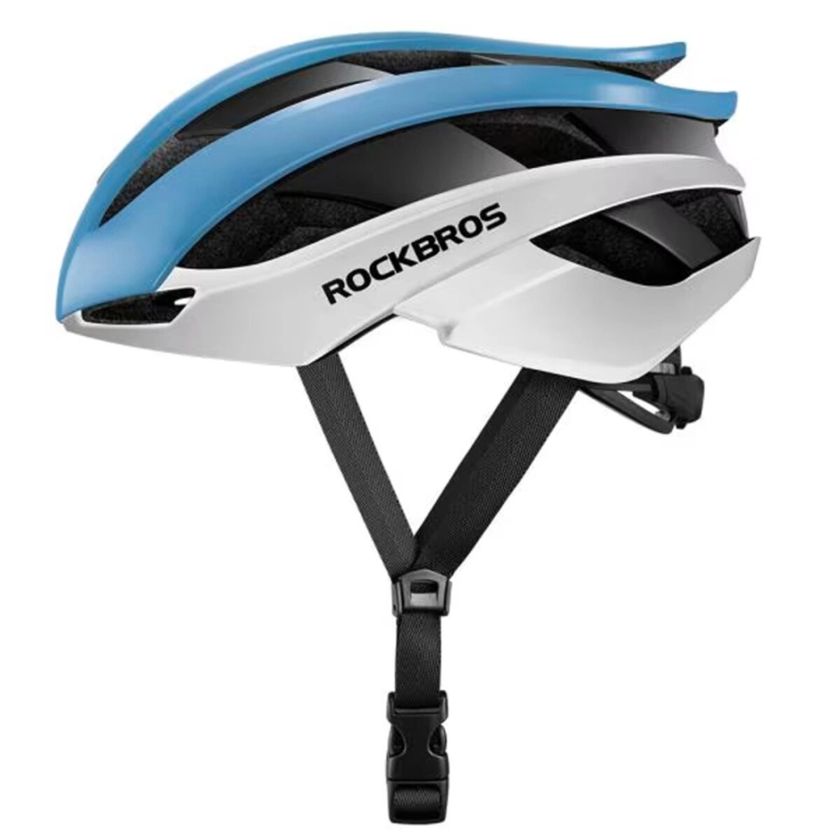 A Rockbros bicycle helmet in white, blue and black with straps and a buckle.