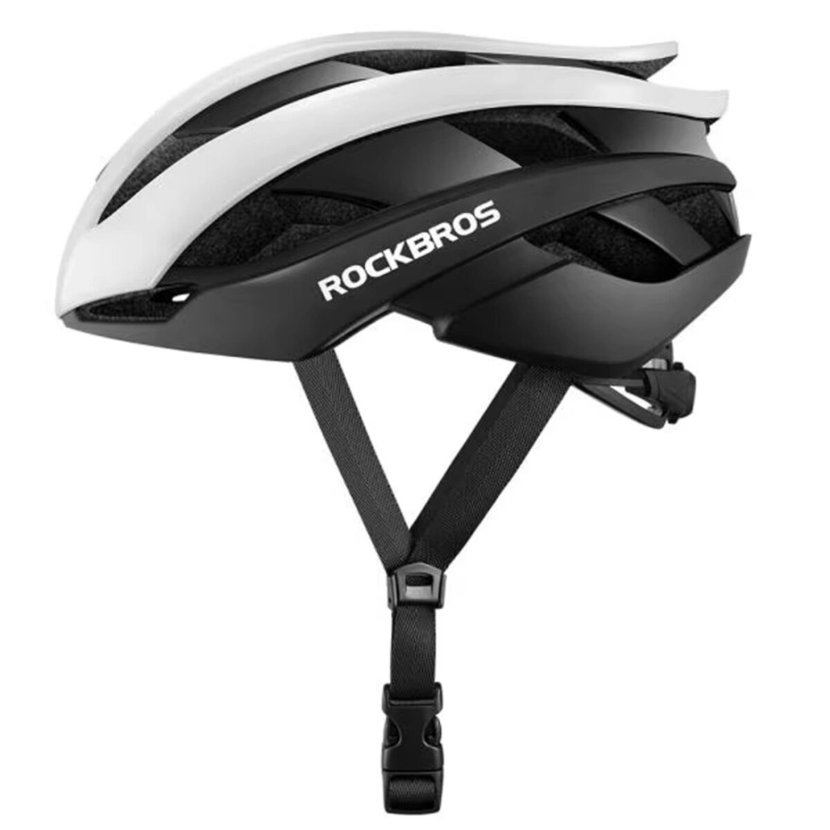 A white and black RockBros bicycle helmet, with a strap and buckle. The helmet has a streamlined design and is isolated on white.