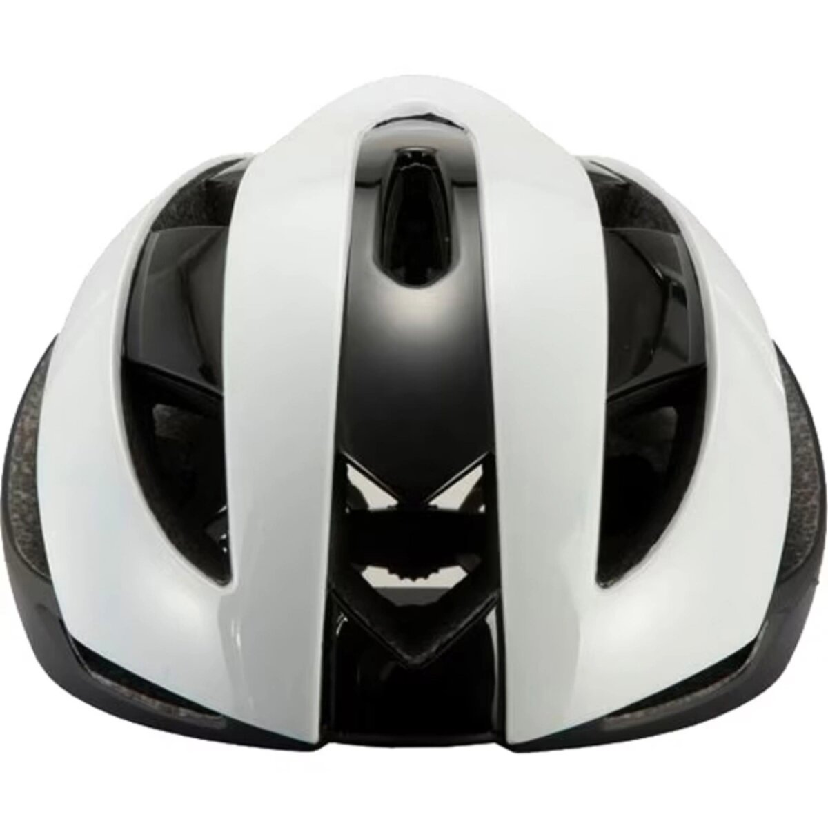 A white and black bicycle helmet. It has vertical white and black stripes. The helmet is designed for aerodynamics and protection.