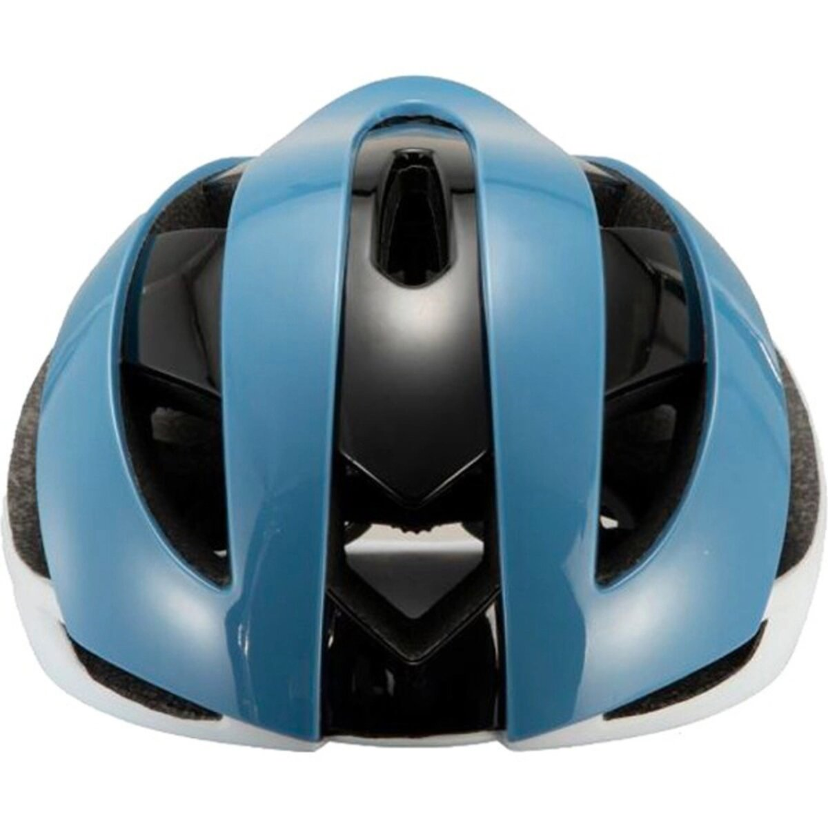 A blue and black bicycle helmet with aerodynamic vents. The helmet has a glossy finish and white accents around the edges.