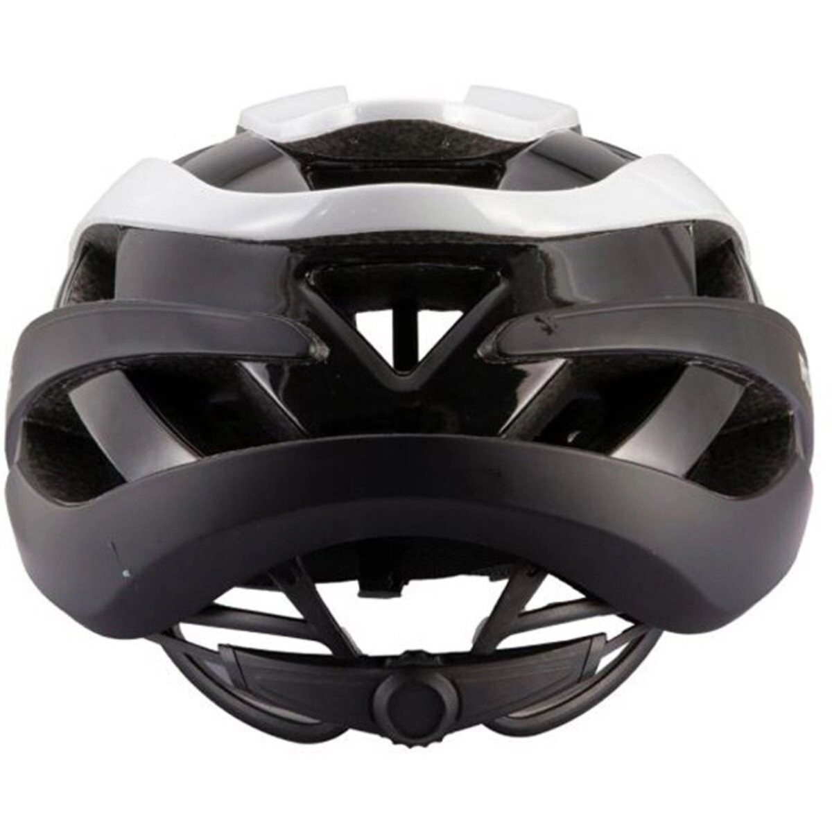 A close-up of a black and white bicycle helmet. It has vents, a dial adjustment, and a shiny finish.