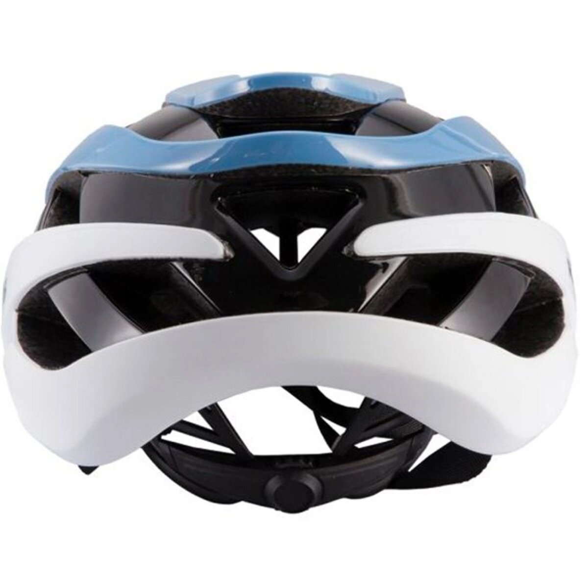 A close-up view of a bicycle helmet. It features a blue top, white sides, and a black base with vents. The design is modern.