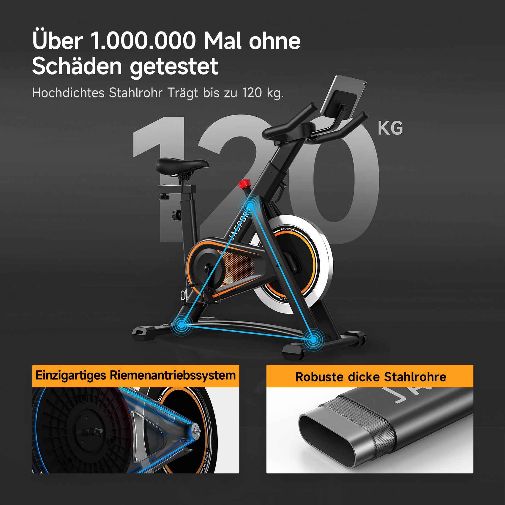 Ein Heimtrainer mit Text, der anzeigt, dass er bis zu 120 kg unterstützt. Details zu den Funktionen des Fahrrads sind abgebildet.