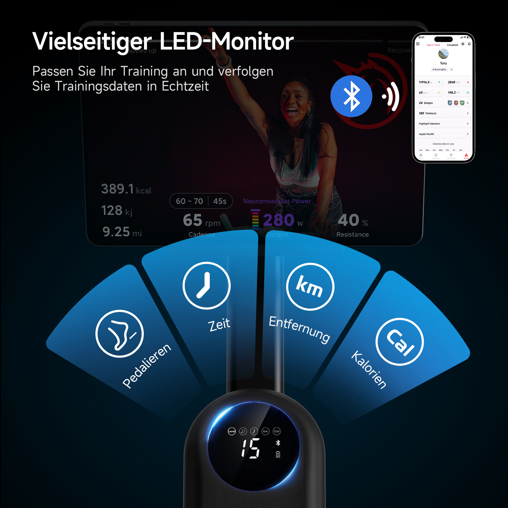 Frau auf dem Heimtrainer, Daten werden angezeigt. Telefon zeigt Trainingsstatistiken. Anzeigen umfassen Kalorien, Zeit und Distanz.