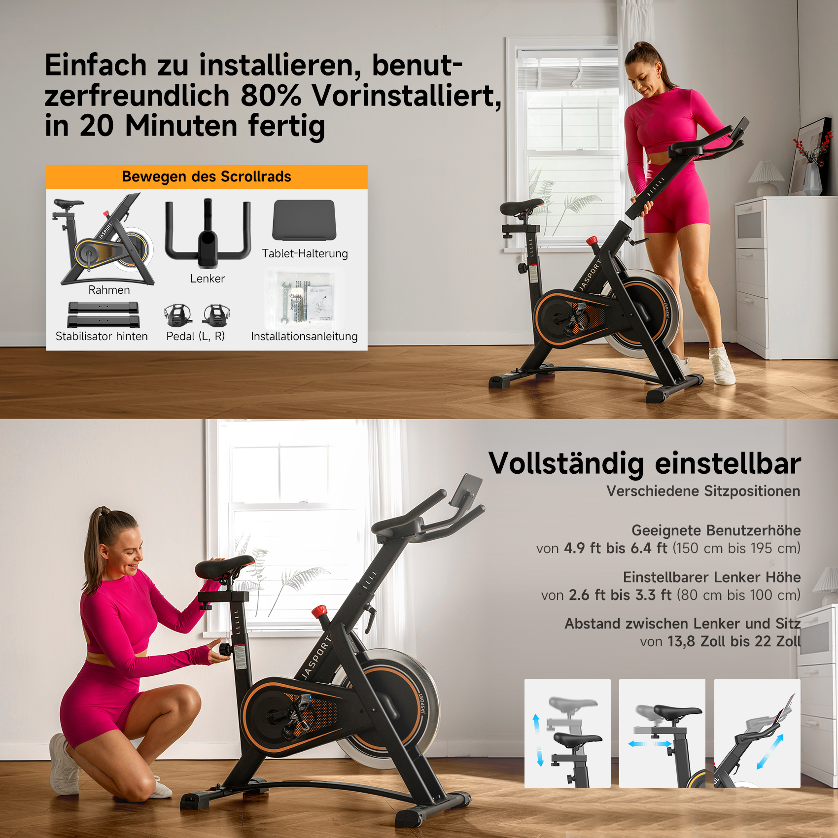 Eine Frau in pinkfarbener Sportkleidung stellt ein schwarzes Trainingsrad ein. Das Rad hat orangefarbene Akzente.