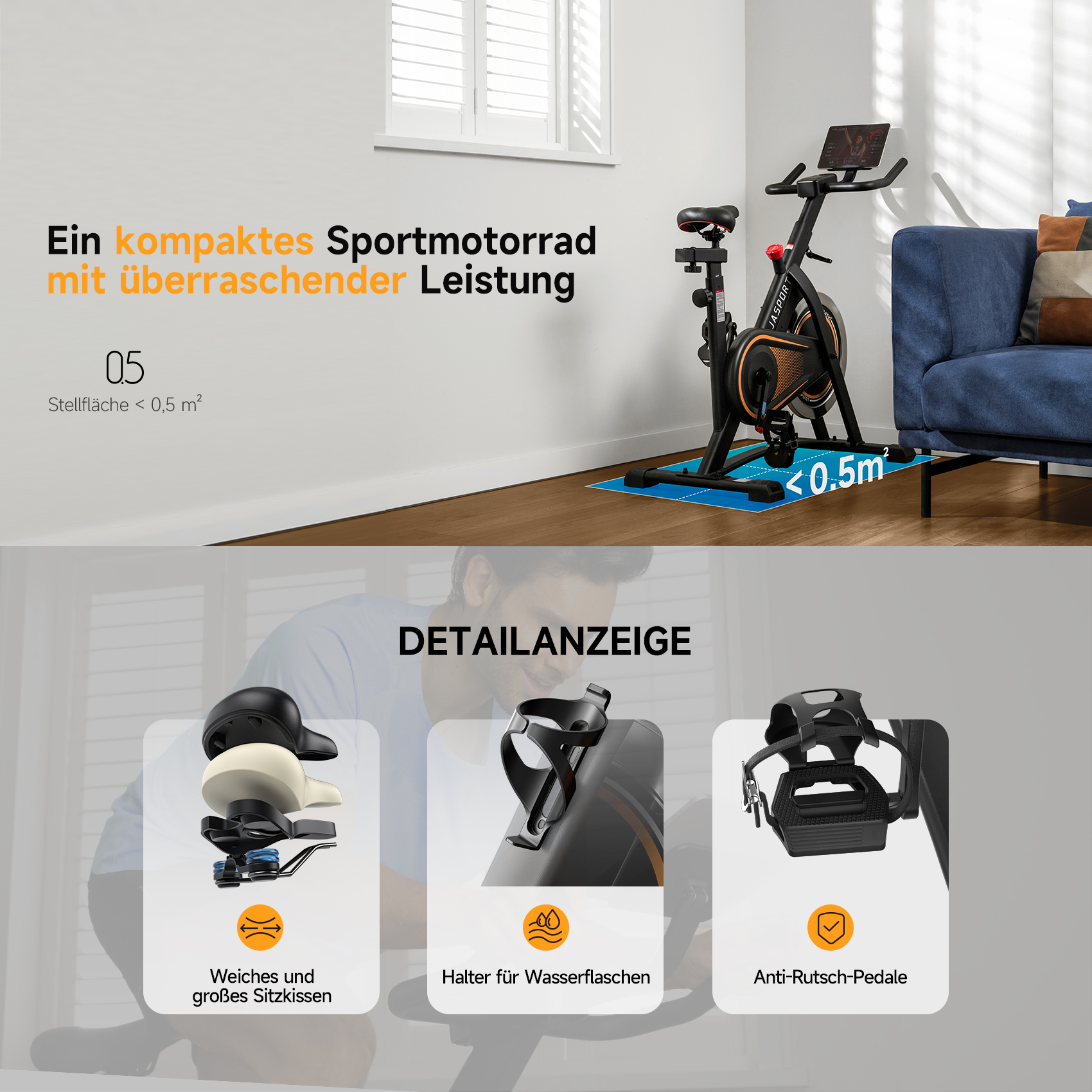 Ein Heimtrainer mit Bildschirm im Raum. Details: Sitz, Getränkehalter, rutschfeste Pedale.