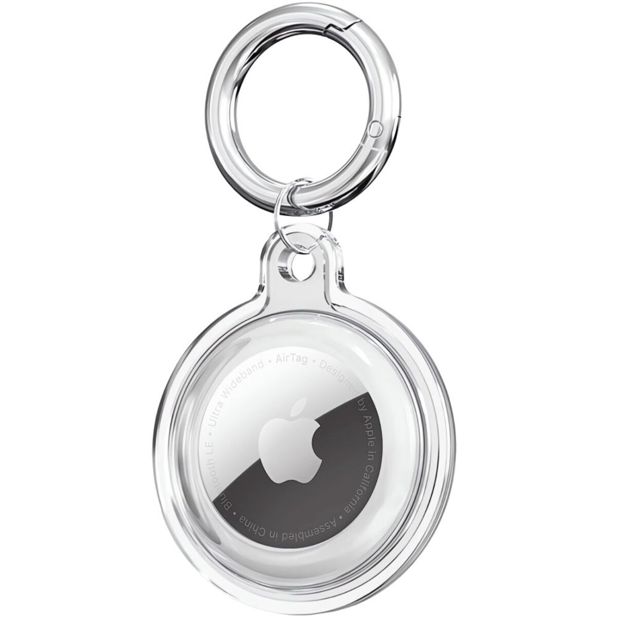 A clear AirTag with a silver keyring. The AirTag has a white Apple logo on a gray background.