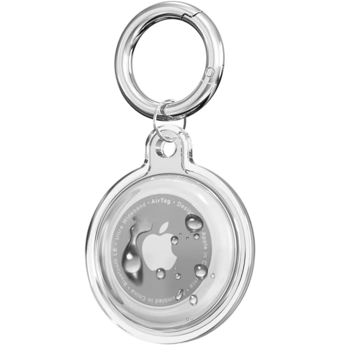 A clear Apple AirTag with a silver keyring. The AirTag has the Apple logo and text around the edge.