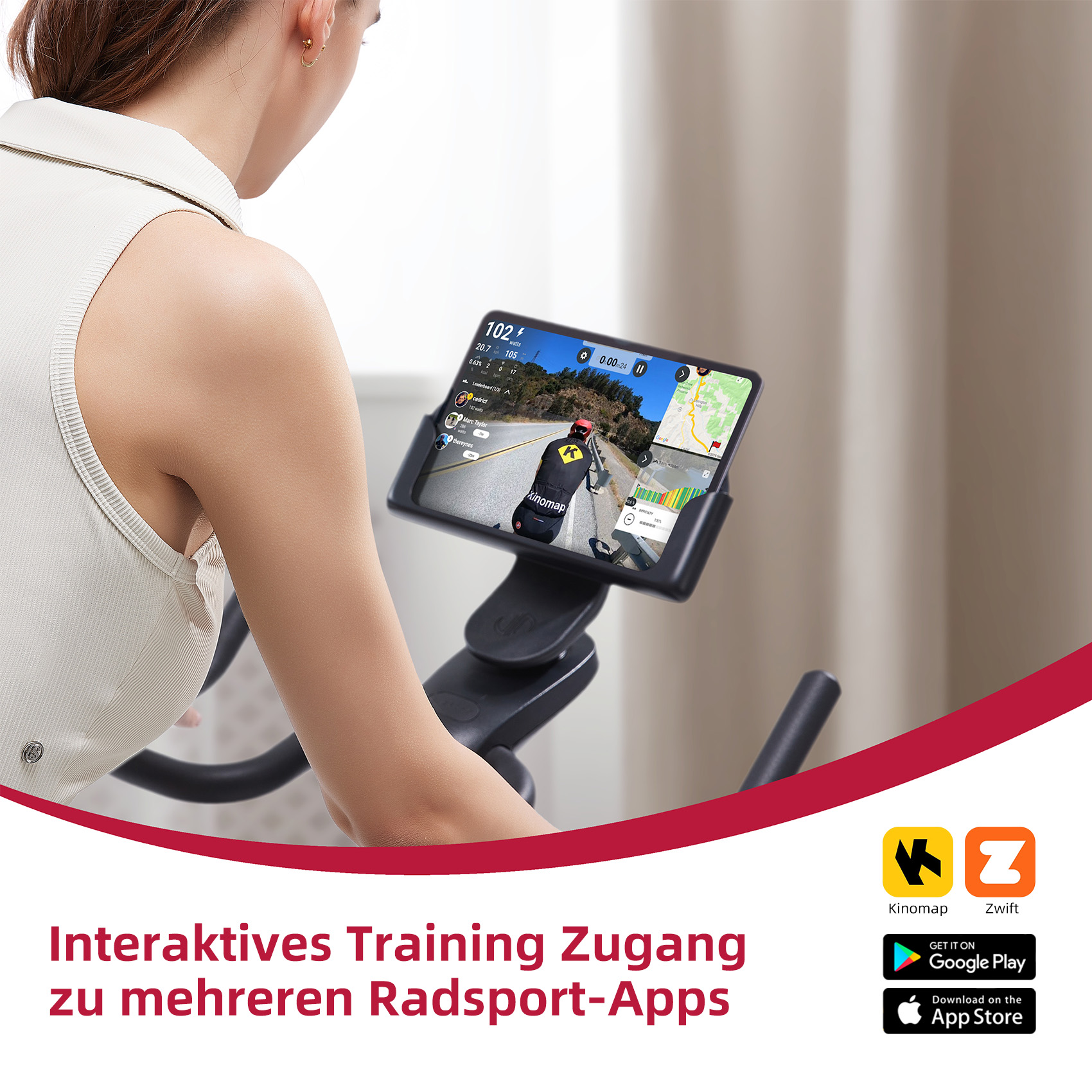 Eine Frau trainiert auf einem Heimtrainer und schaut sich Kinomap auf einem Tablet an. Der Bildschirm zeigt eine Radroute. Mit App-Logos.