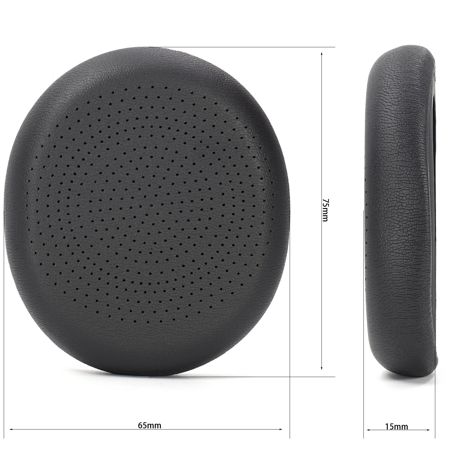 Cuscinetto auricolare nero per cuffie, vista laterale e dall'alto. Dimensioni: 65 mm x 75 mm x 15 mm. Superficie perforata.