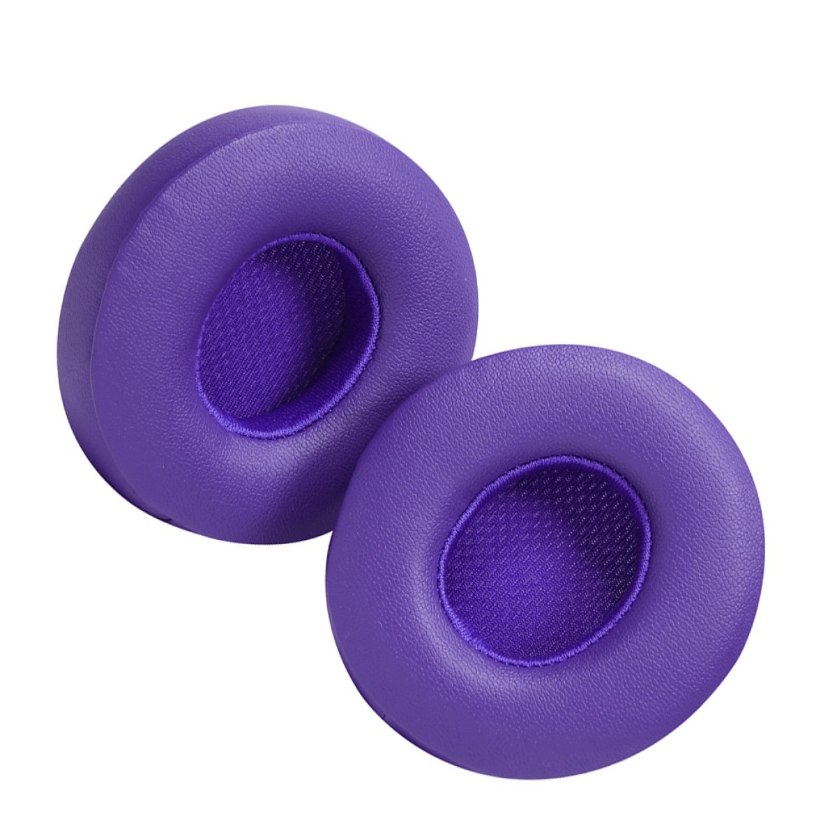 Due cuscinetti auricolari viola per cuffie. Ognuno ha un design circolare. La parte interna è in materiale a rete viola scuro.