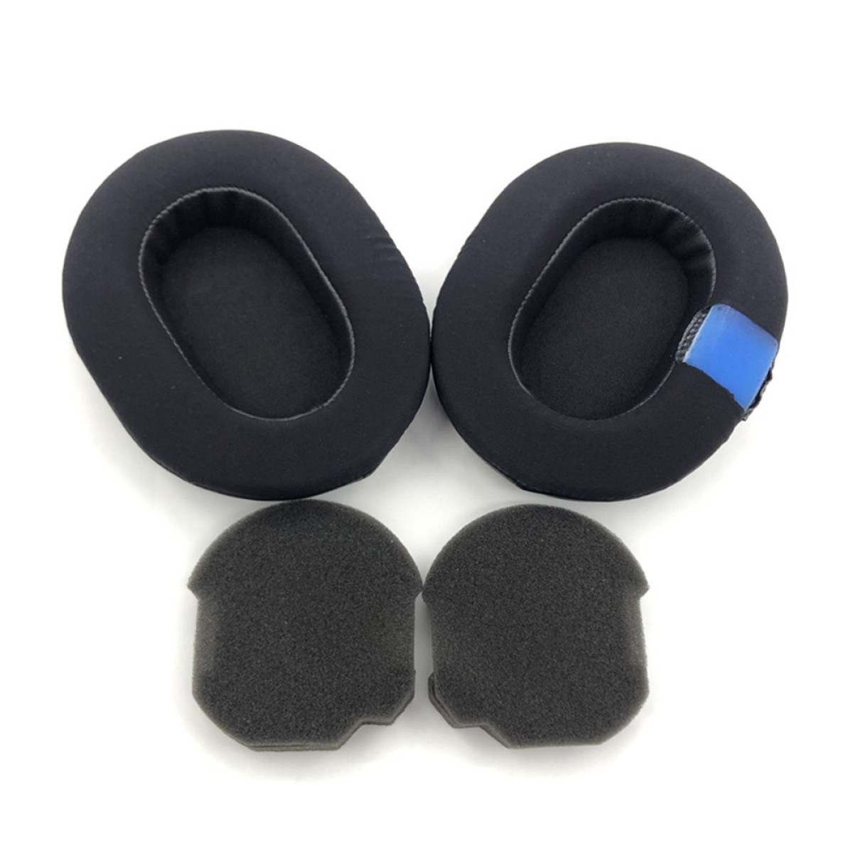 Four black headphone cushions and two grey foam pads on a white background. The cushions are oval, and the pads are rectangular.