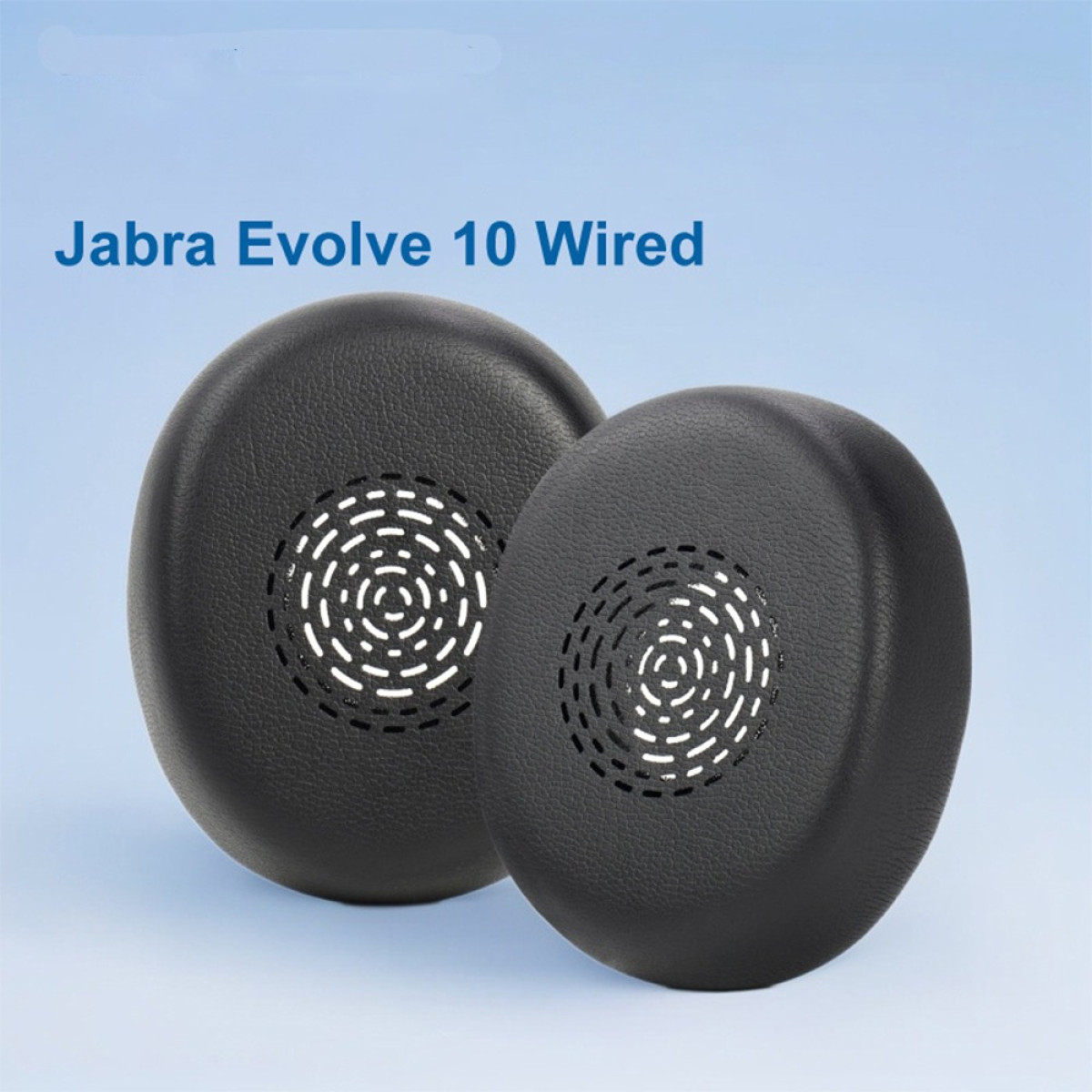 Due padiglioni neri Jabra Evolve 10 Wired con griglie altoparlanti circolari bianche su sfondo blu sfumato.