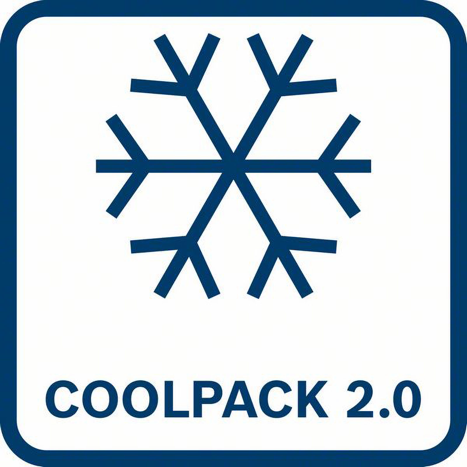 Icona fiocco di neve blu in un riquadro blu. Sotto 'COOLPACK 2.0' in testo blu.