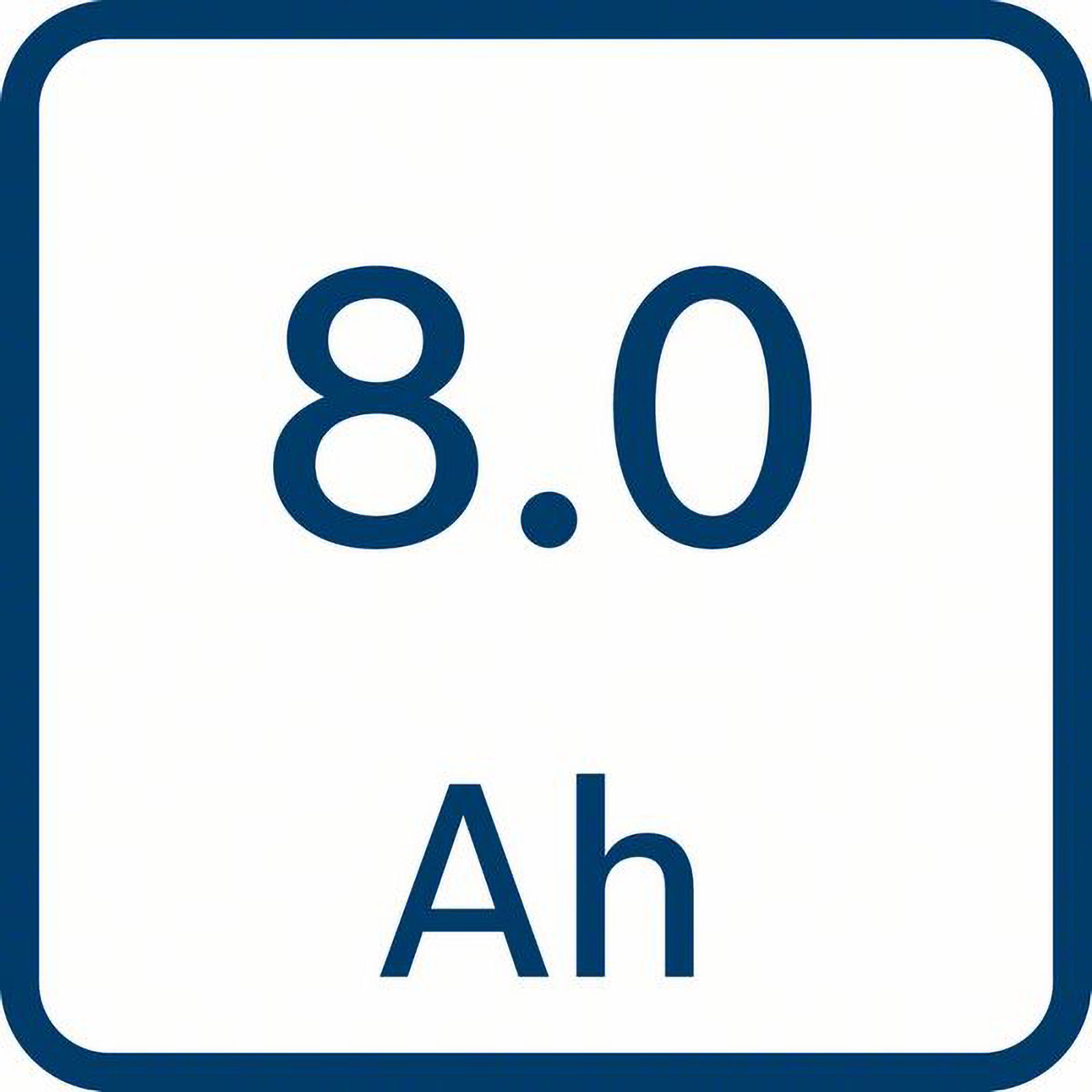 L'immagine mostra un quadrato bianco bordato di blu con il numero 8.0 e le lettere Ah in blu.