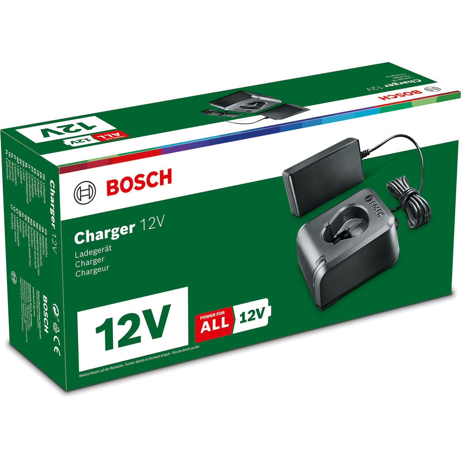 Şarj cihazı ve güç kaynağı içeren bir Bosch 12V şarj cihazı kutusu. 'Bosch' logolu yeşil ve beyaz kutu.