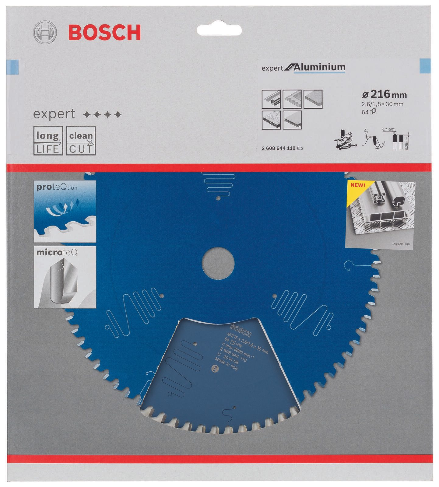 Alüminyum kesimi için mavi Bosch daire testere bıçağı, ürün paketinde metin ve diyagramlarla.