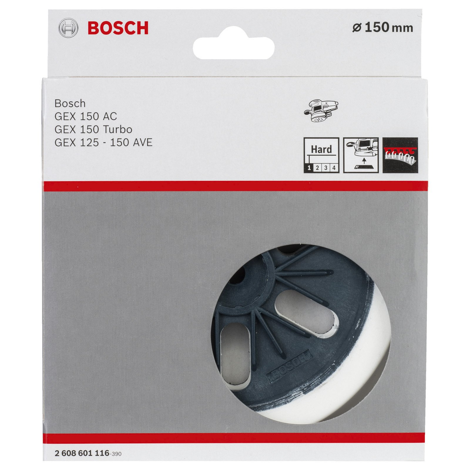 Eine Bosch-Produktverpackung mit einem kreisförmigen Werkzeugteil. Das Bosch-Logo ist sichtbar.