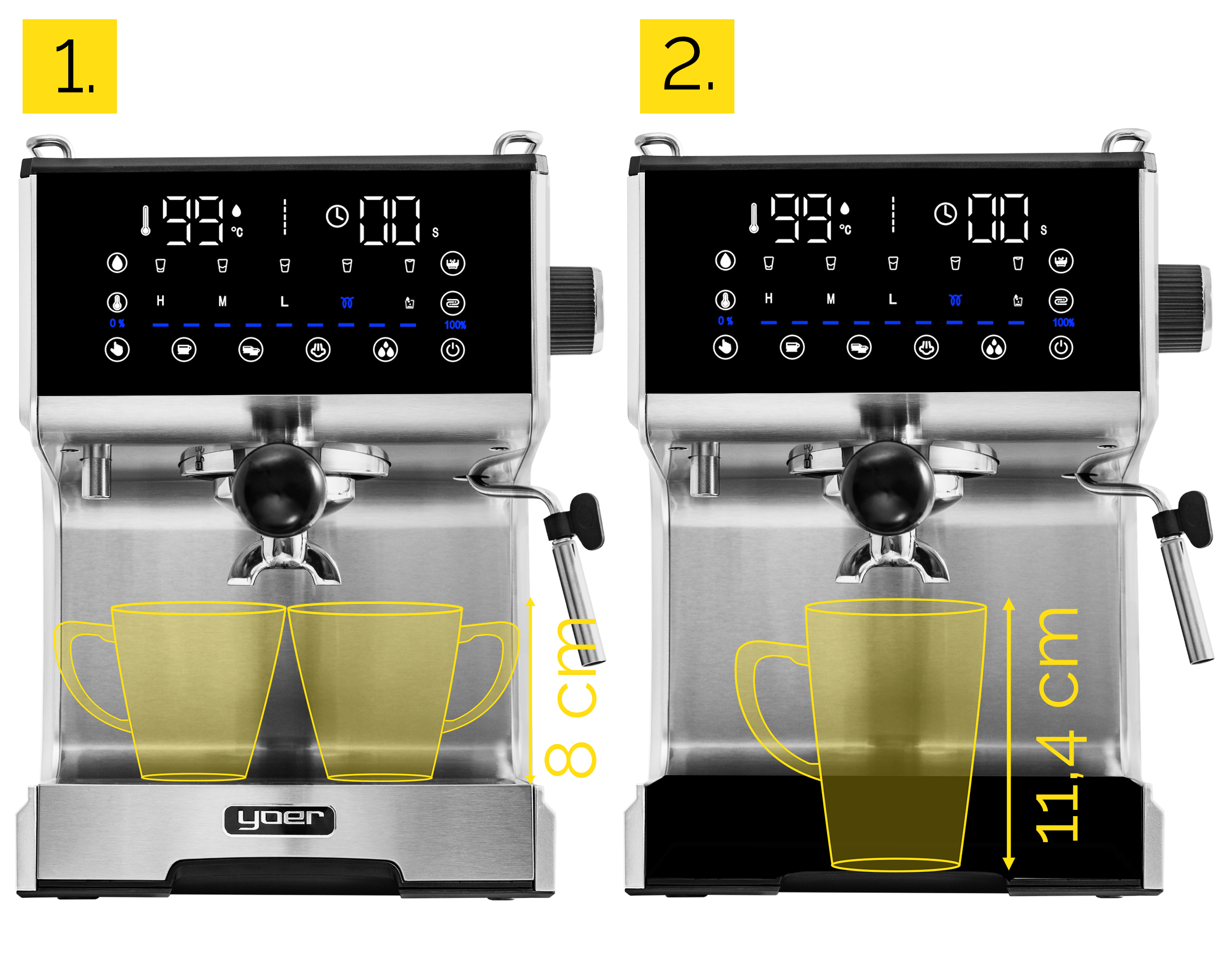 Ekspres do kawy z wyświetlaczem cyfrowym, dwa kubki podświetlone na żółto. Drugi obraz ma jeden kubek.