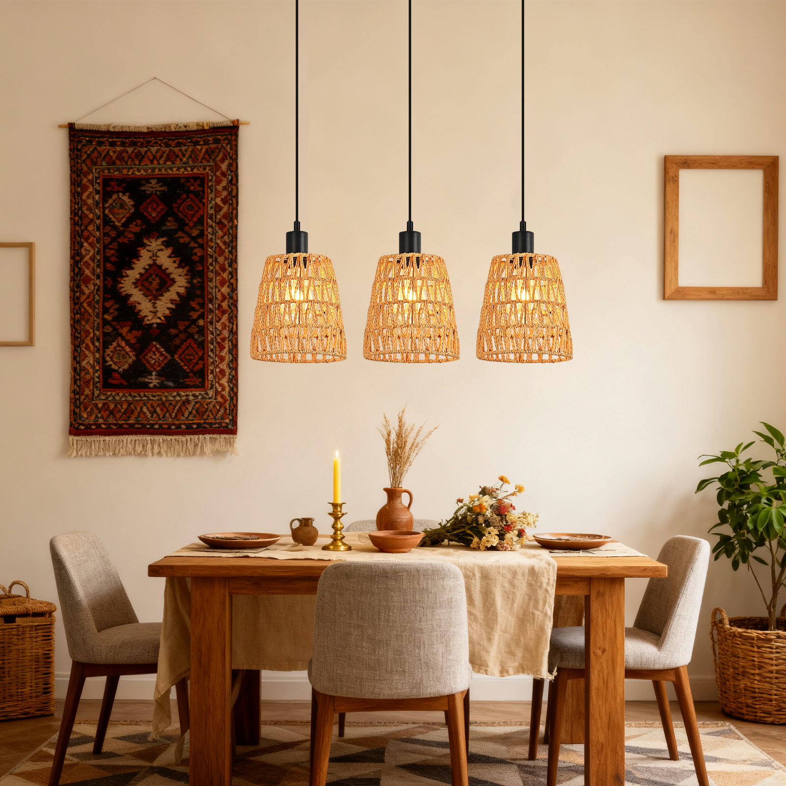 Esszimmer mit Holztisch, Stühlen, Hängelampen und einem Wandteppich. Tisch mit Tellern, Blumen und Kerze gedeckt.