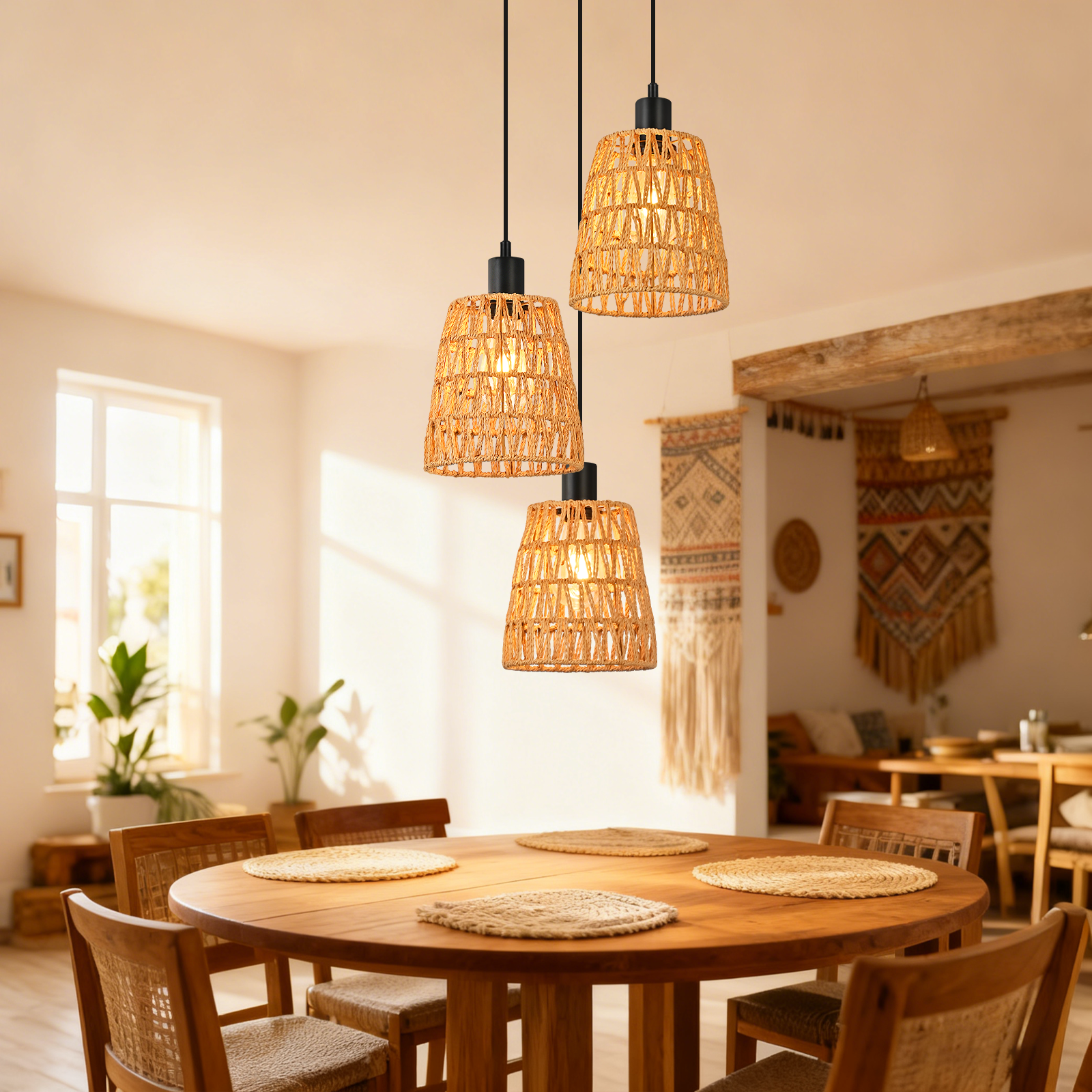 Esszimmer mit drei gewebten Lampen über einem Holztisch, umgeben von Stühlen. Pflanzen und ein Fenster sind ebenfalls sichtbar.