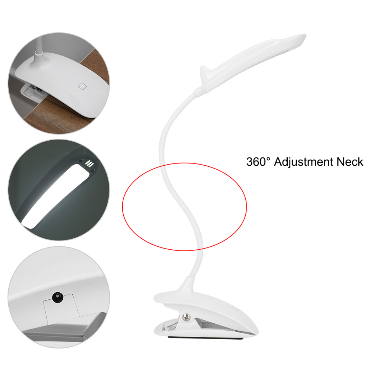 Eine weiße LED-Schreibtischlampe mit einem um 360 Grad verstellbaren Hals. Details umfassen einen Clip-Sockel und eine Nahaufnahme des Lichts.