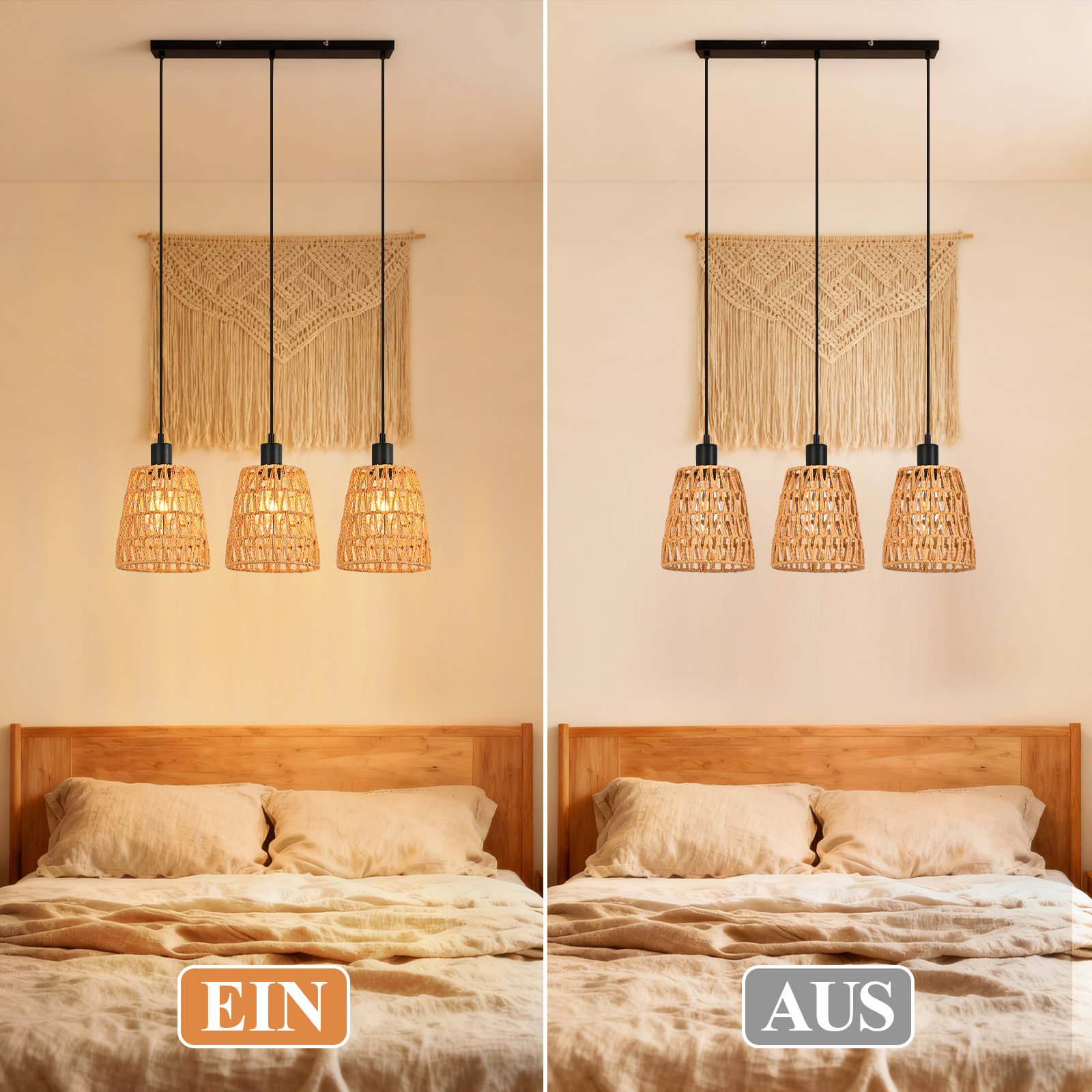 Bett mit gewebten Lampen, Makramee-Wandbehang. Die linke Seite zeigt Lampen 'EIN' und die rechte 'AUS'.