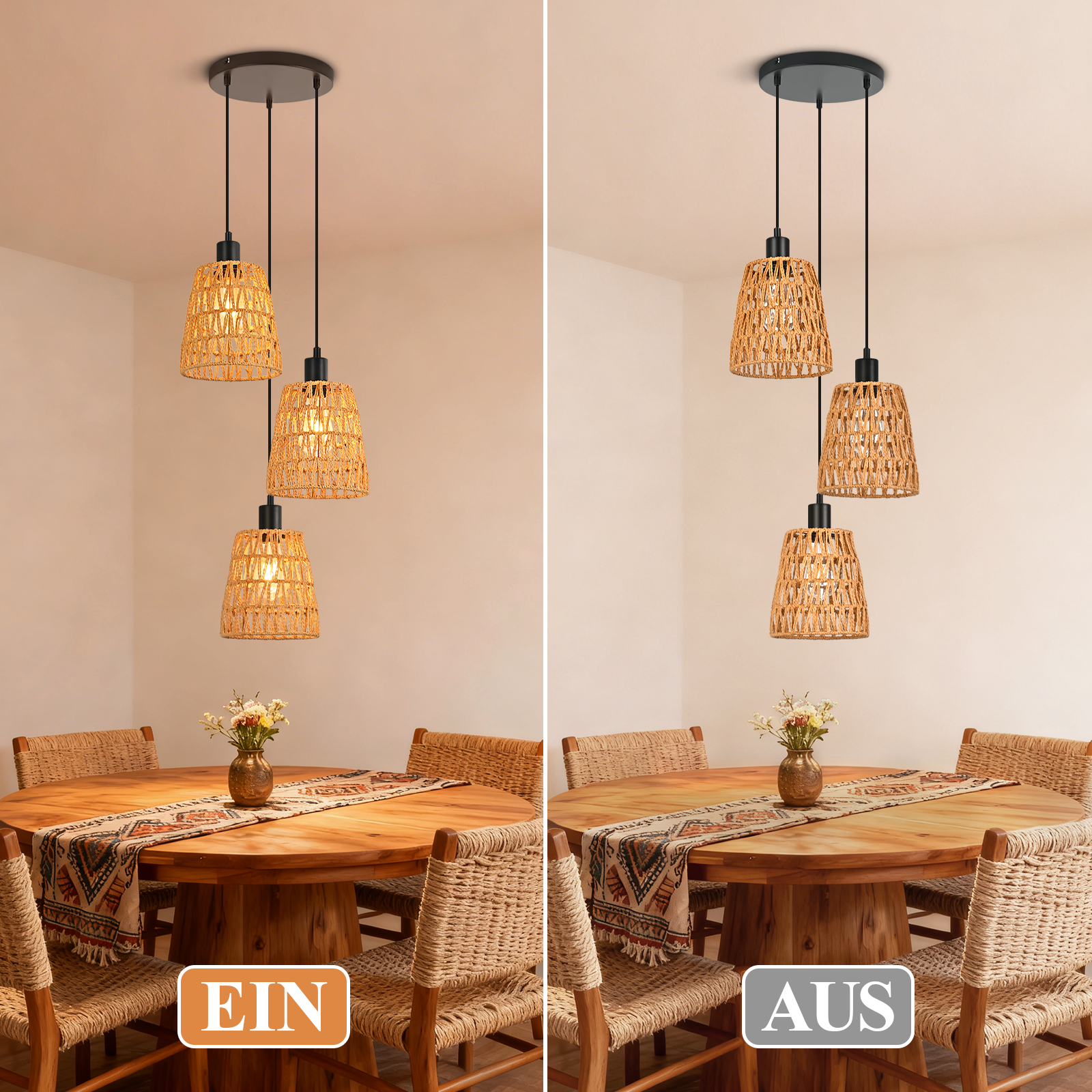 Esszimmer mit drei gewebten Pendelleuchten über einem Holztisch und Stühlen, mit ein- und ausgeschalteten Lichtern.