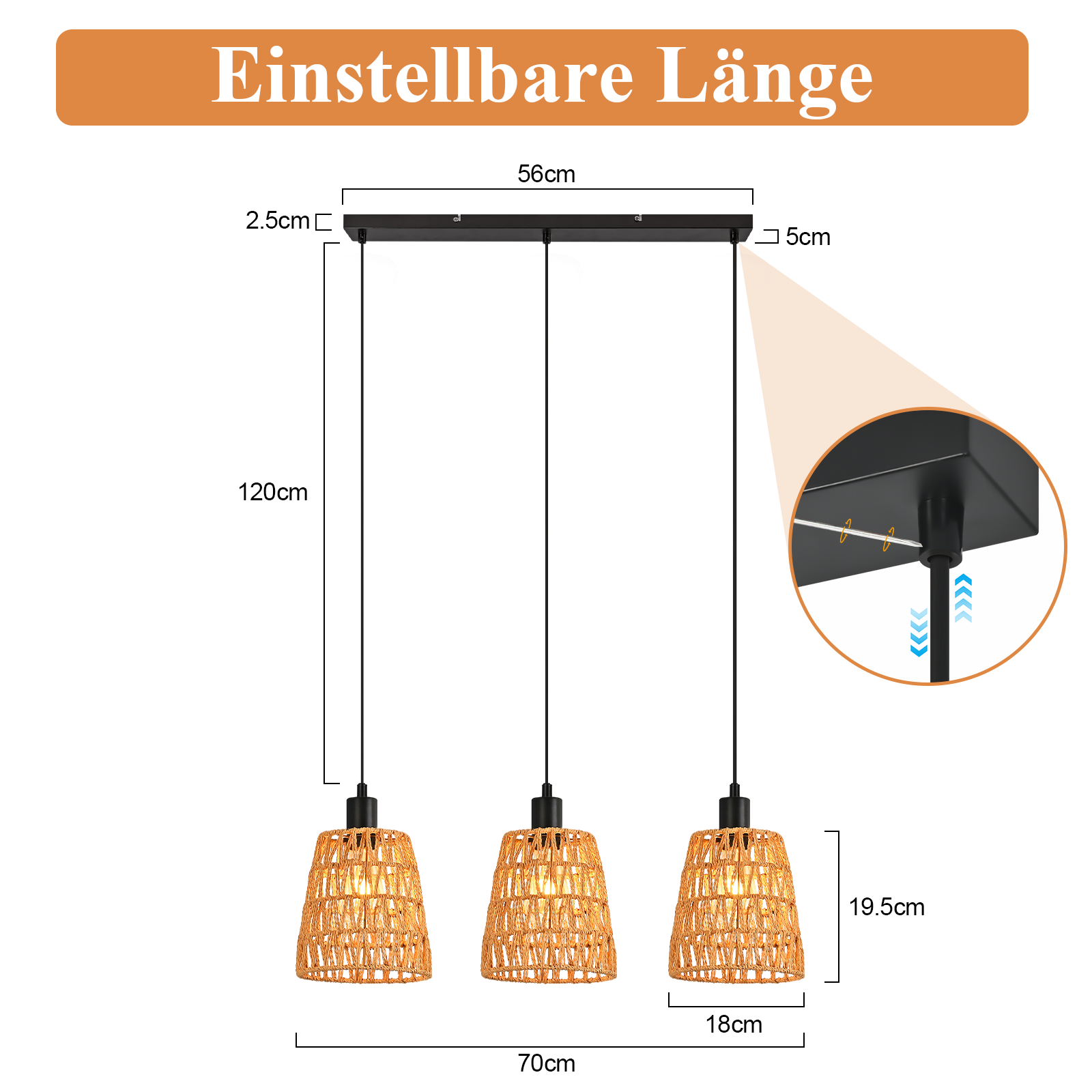 Drei Pendelleuchten mit gewebten Schirmen hängen an einer schwarzen Stange. Abmessungen angegeben.