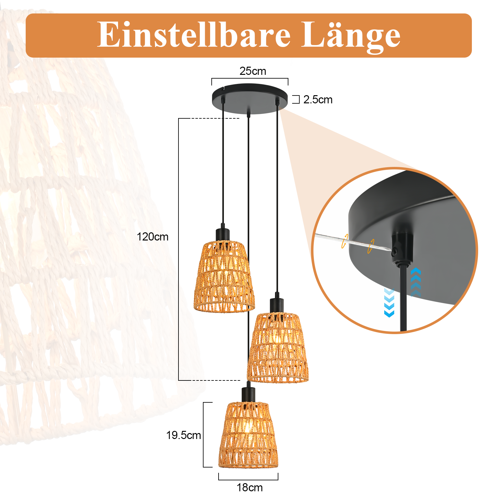 Drei Pendelleuchten mit gewebten Schirmen. Abmessungen und einstellbare Länge werden angezeigt. Schwarze Deckenhalterung und Kabel werden gezeigt.