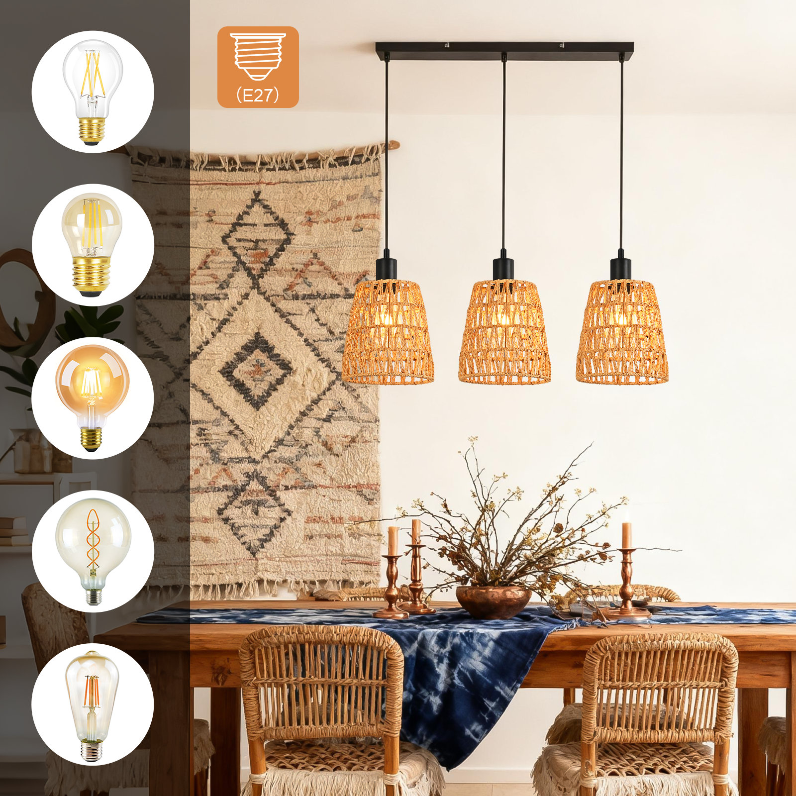 Esszimmer mit drei gewebten Pendelleuchten, einem Holztisch und einem Teppich an der Wand. Verschiedene Glühbirnen werden angezeigt.