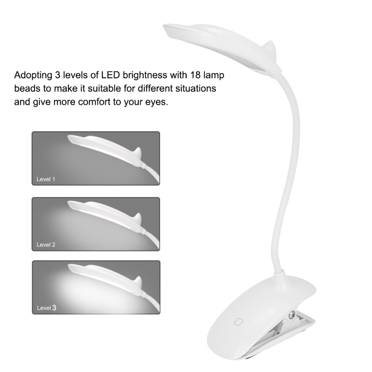 Weiße LED-Schreibtischlampe. Sie hat drei Helligkeitsstufen. Ein Text neben der Lampe lautet: Mit 3 Helligkeitsstufen.