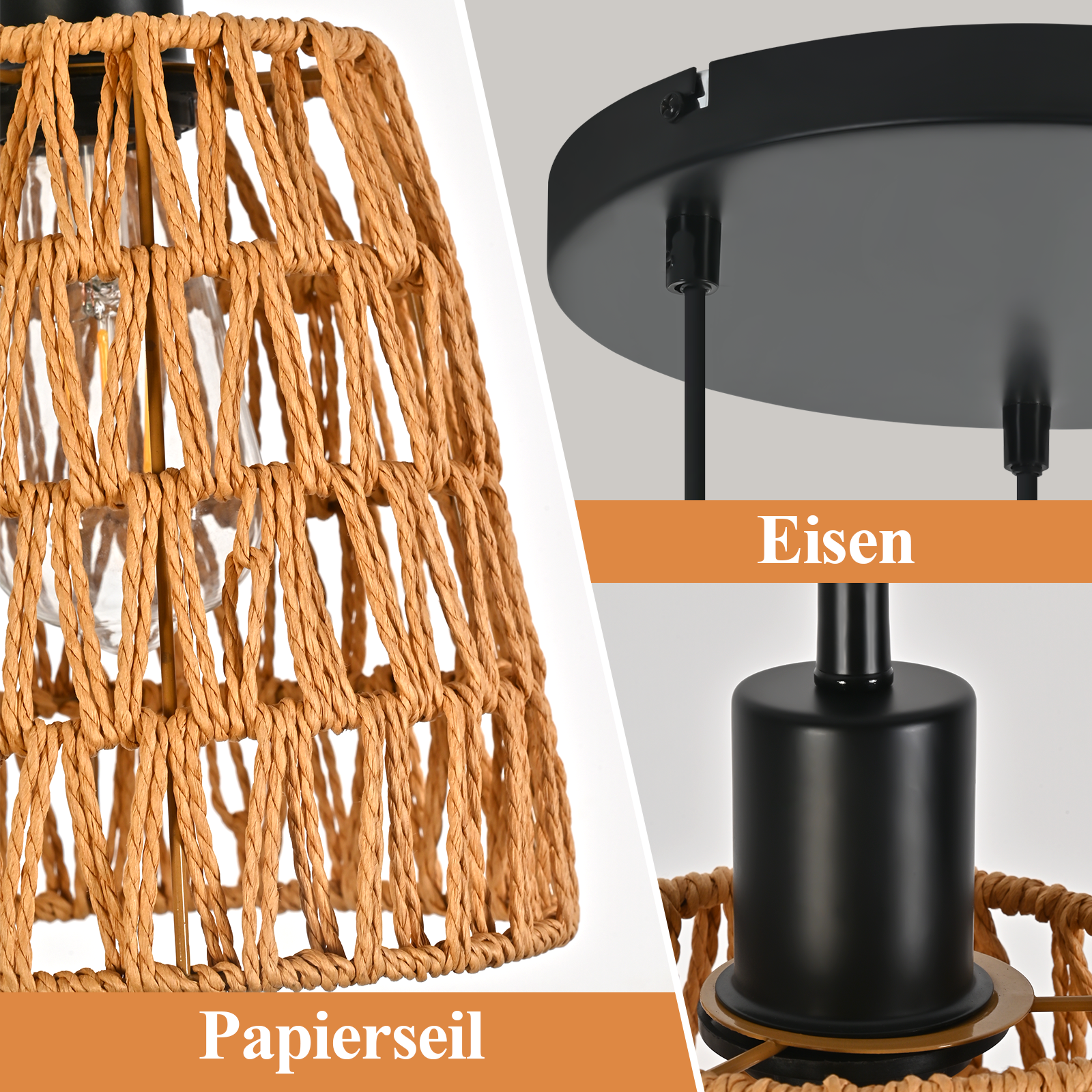 Nahaufnahme eines Lampenschirms aus geflochtenem Papierseil. Schwarze Metallteile, Eisen und eine Glühbirne sind sichtbar.