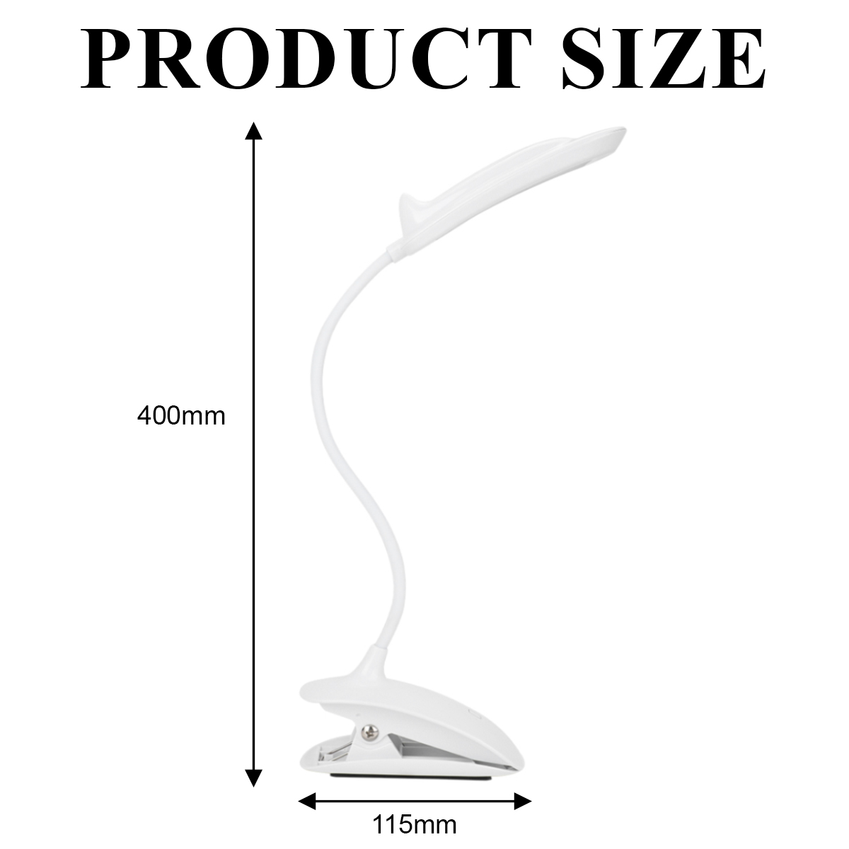 Weiße Schreibtischlampe mit Clip-Basis. Die Lampe ist 400 mm hoch und 115 mm breit. Produktgröße steht oben im Bild.