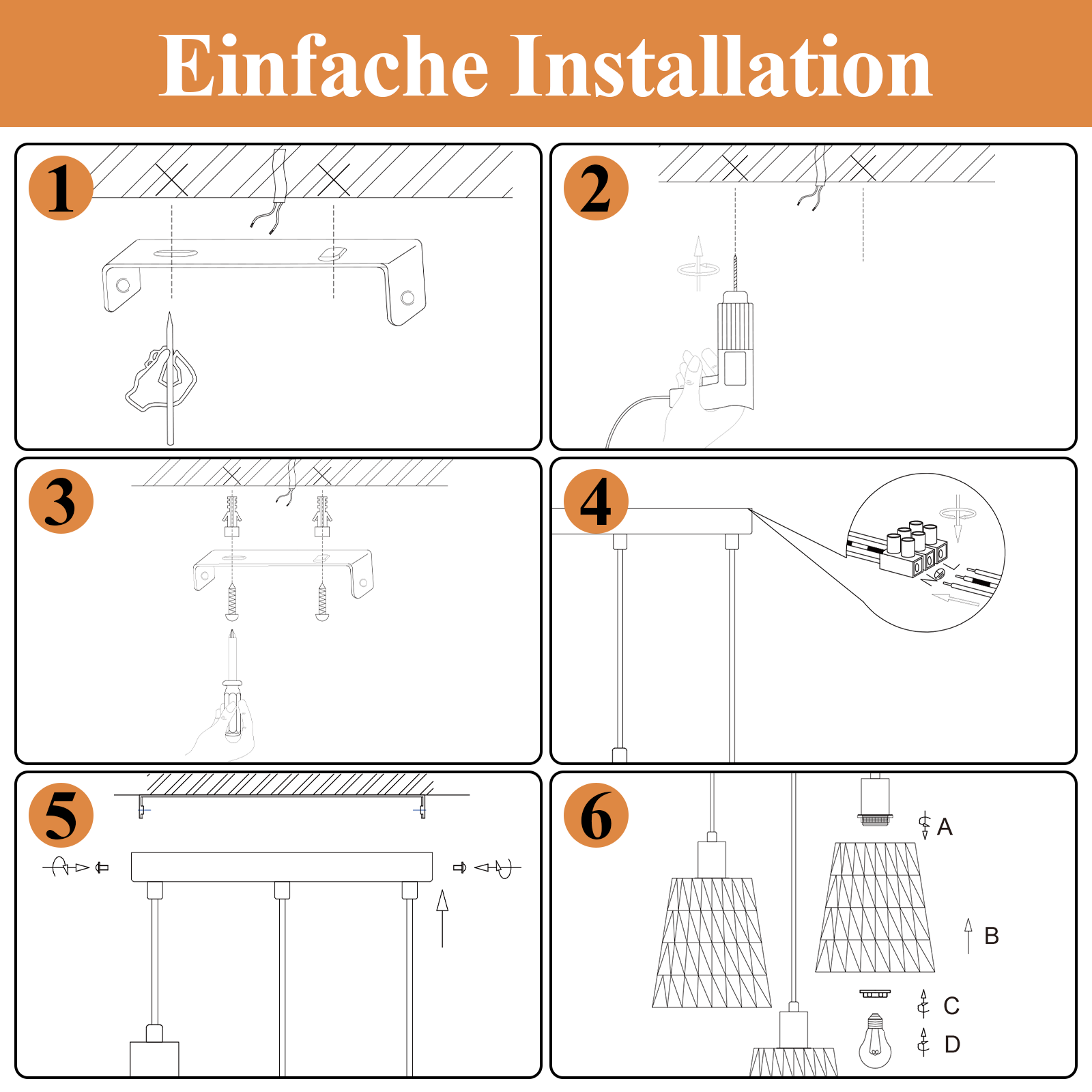 Installationsanleitung mit sechs Schritten: Montage einer Deckenleuchte. Enthält Verdrahtungs- und Lampenmontageanweisungen.
