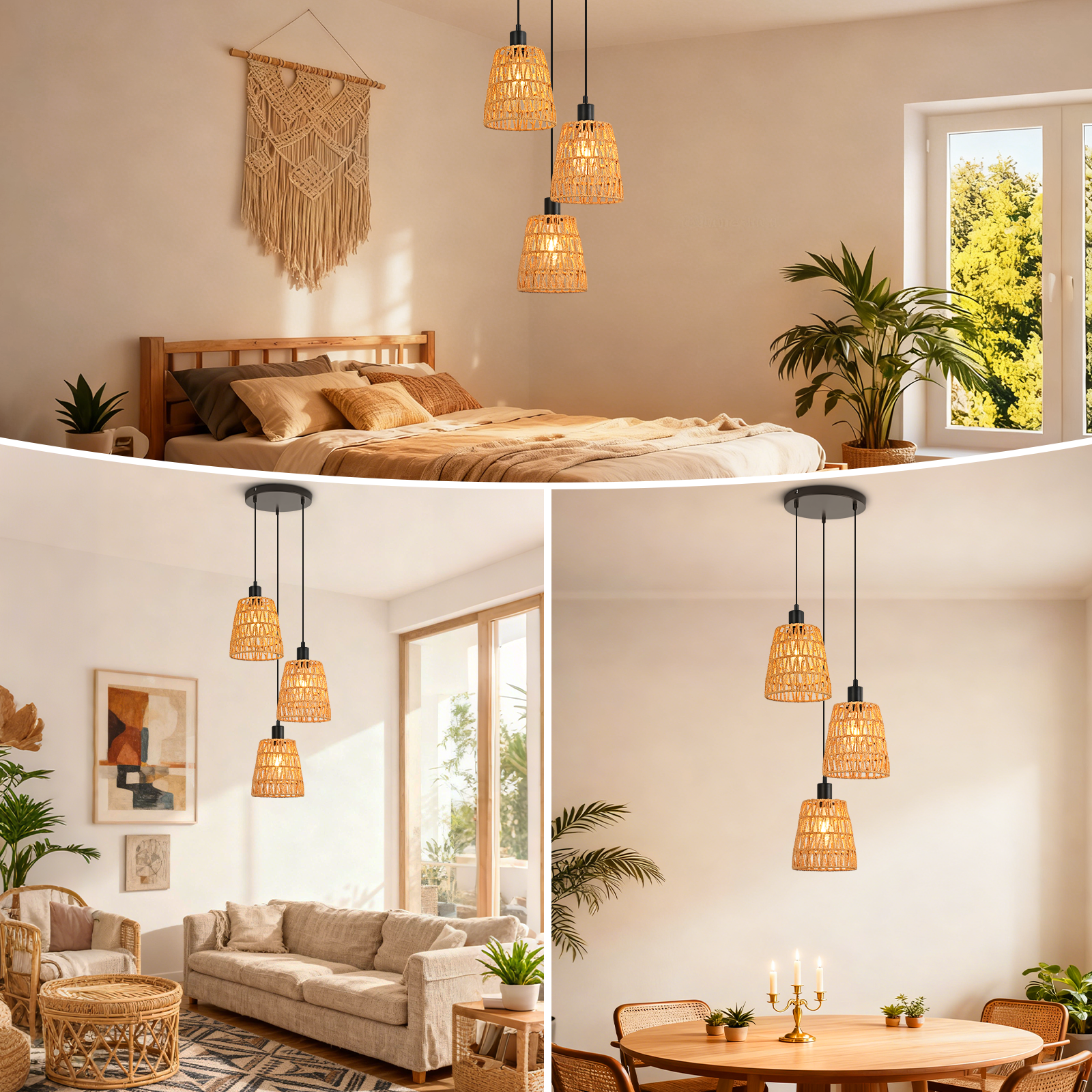 Ein Zimmer mit Bett, Lampen und Pflanzen. Geflochtene Lampen hängen. Ein Fenster zeigt Bäume.