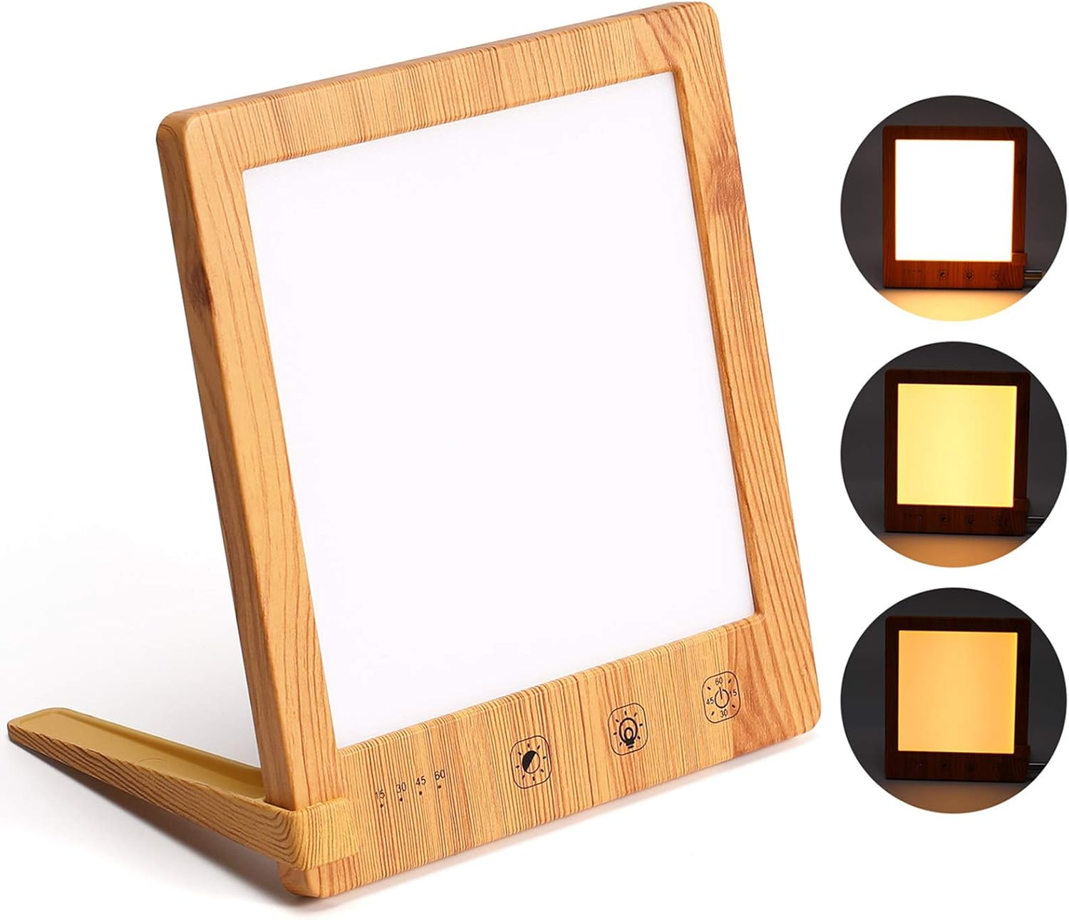 Eine Lichttherapielampe aus Holz mit hellem weißem Licht, verschiedenen Zeiteinstellungen und Helligkeitsstufen. Drei kleinere Lichter zeigen verschiedene Lichteinstellungen.