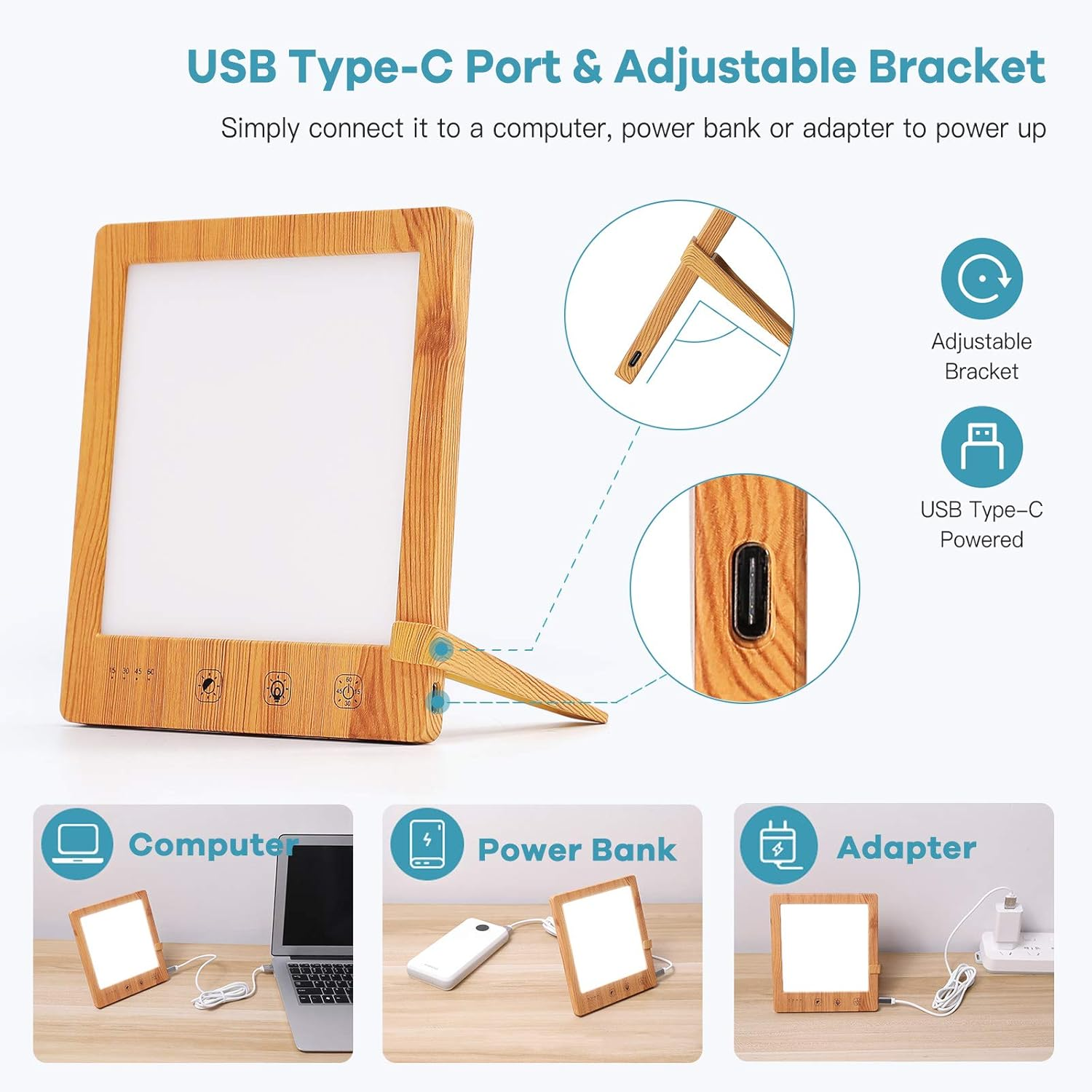 Ein Holzrahmenlicht mit verstellbarer Halterung. Angeschlossen an Computer, Powerbank und Adapter. USB-Typ-C-Anschluss.