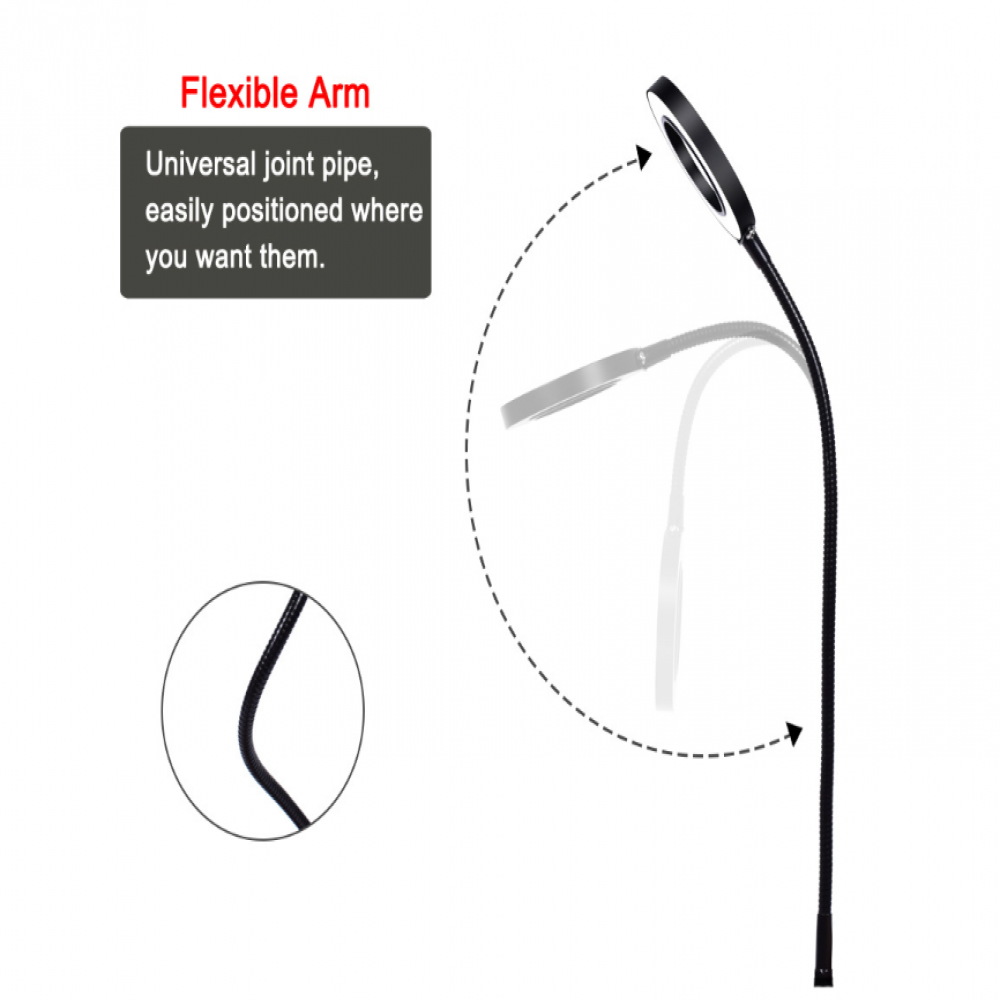 Eine flexible Armleuchte mit rundem Leuchtenkopf. Der Arm ist schwarz. Text zeigt die Flexibilität der Lampe.