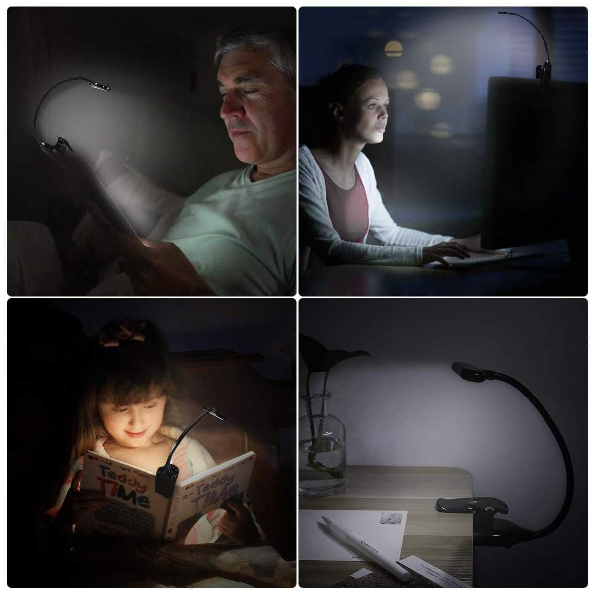 Vier Bilder zeigen Menschen, die Clip-on-Lampen verwenden. Ein Mann liest, eine Frau arbeitet, ein Kind liest ein Buch, und eine Lampe steht auf einem Schreibtisch.