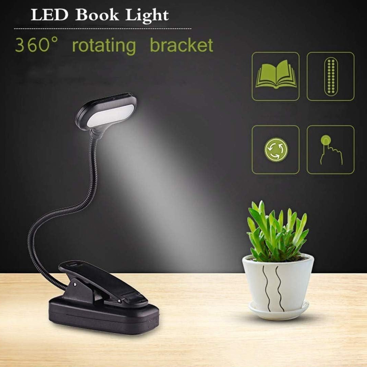 LED-Buchlicht mit 360°-Drehhalterung, beleuchtet einen Schreibtisch mit Pflanze und Symbolen. Schwarze Lampe und Clip, weißer Topf.