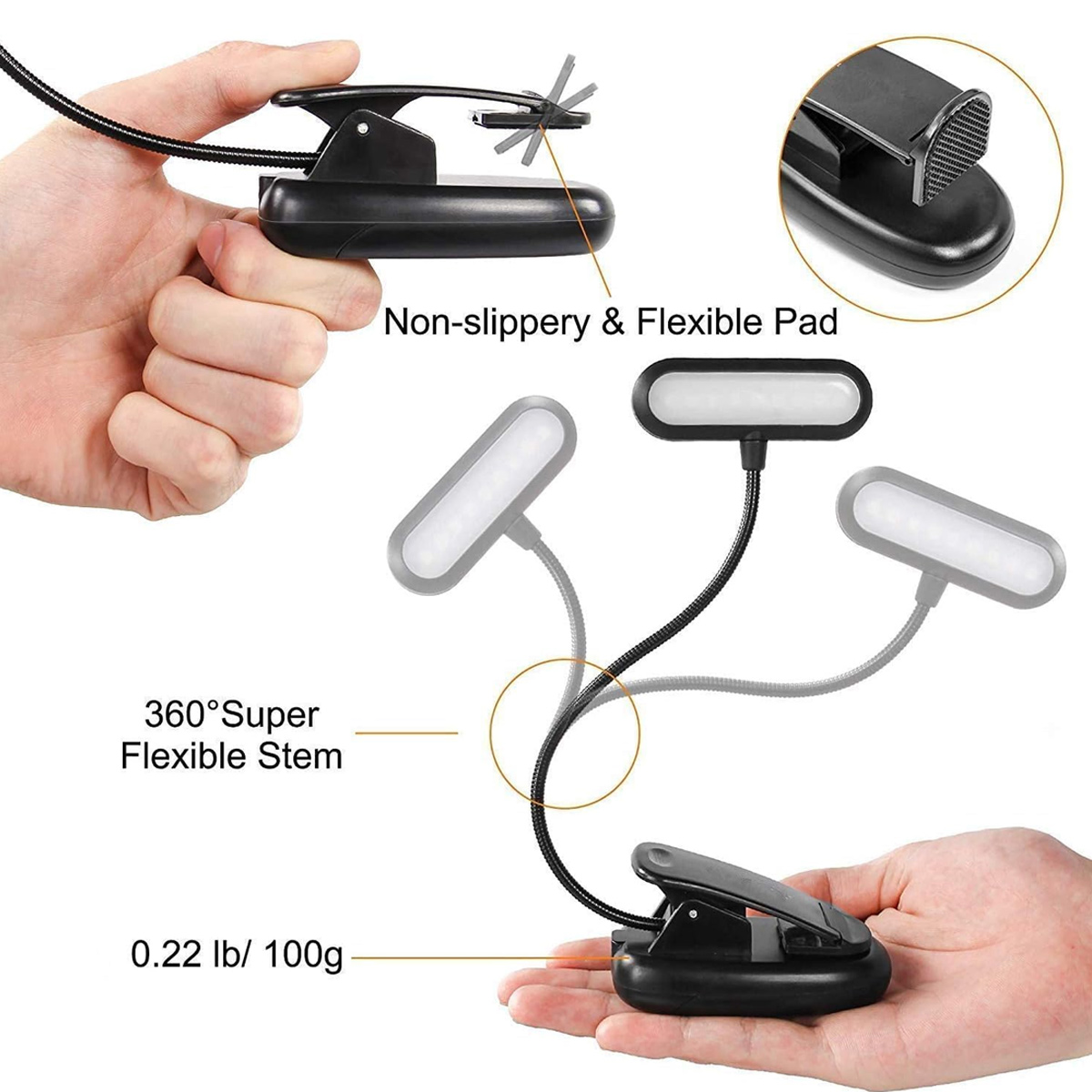 Eine schwarze Leselampe mit Clipfuß und flexiblem Stiel wird von einer Hand gehalten. Das Licht hat ein LED-Panel und ist mit 'Non-slippery' beschriftet.